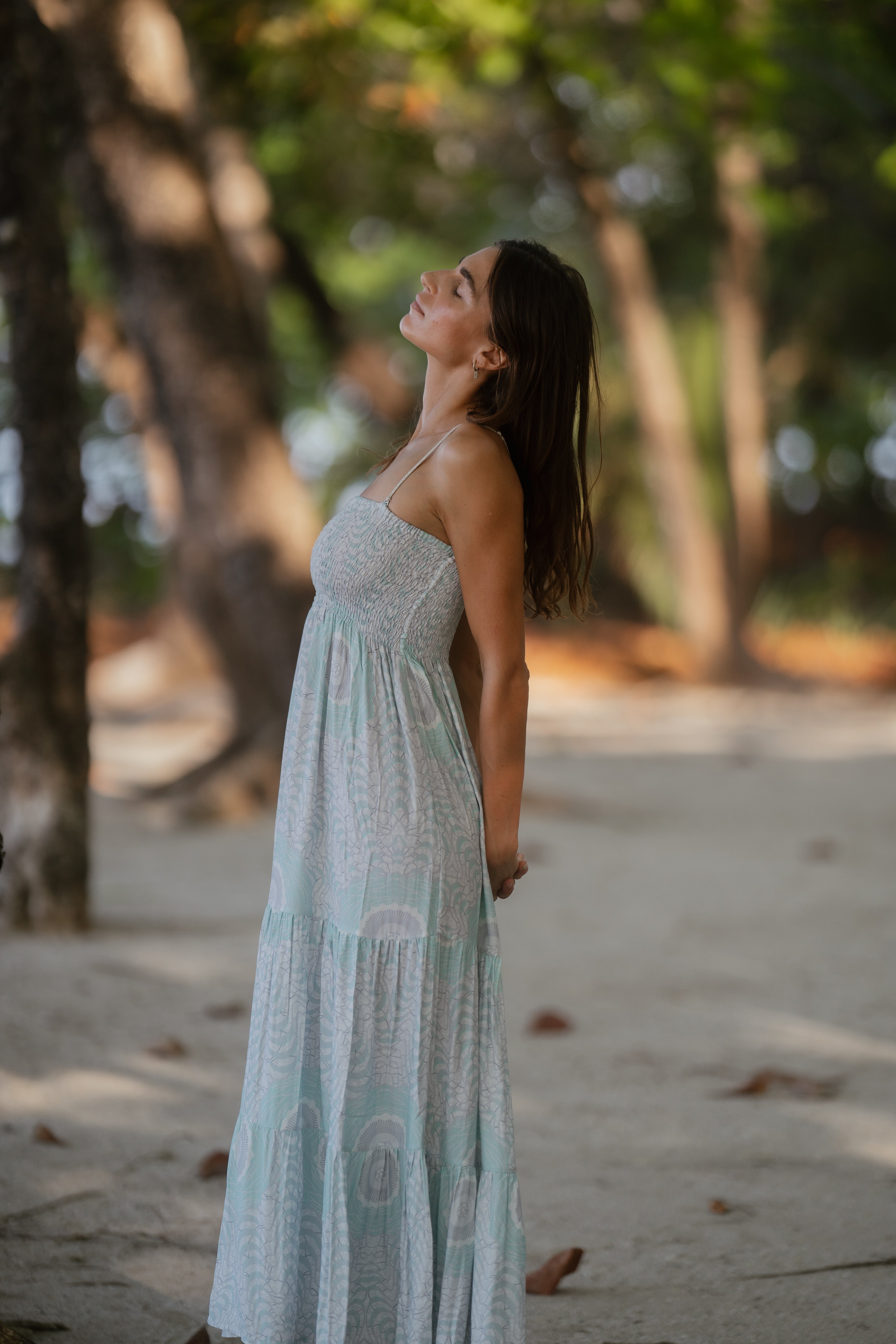Gaia Dress in Aqua African Feather Print