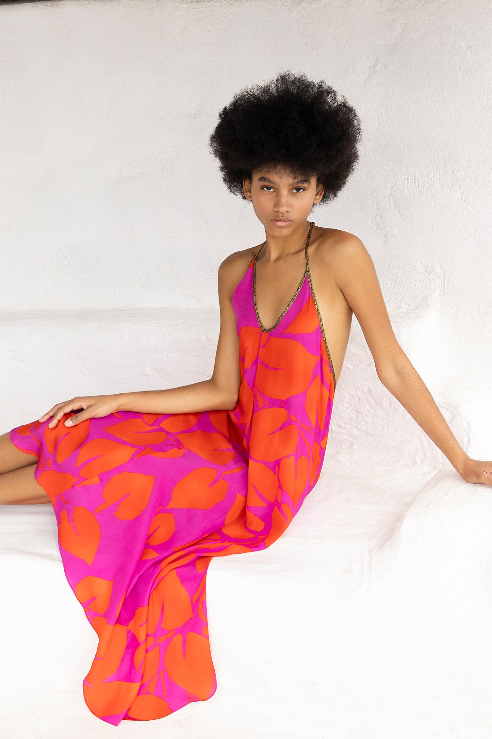 Rhodes Dress in Magenta Foglia Print