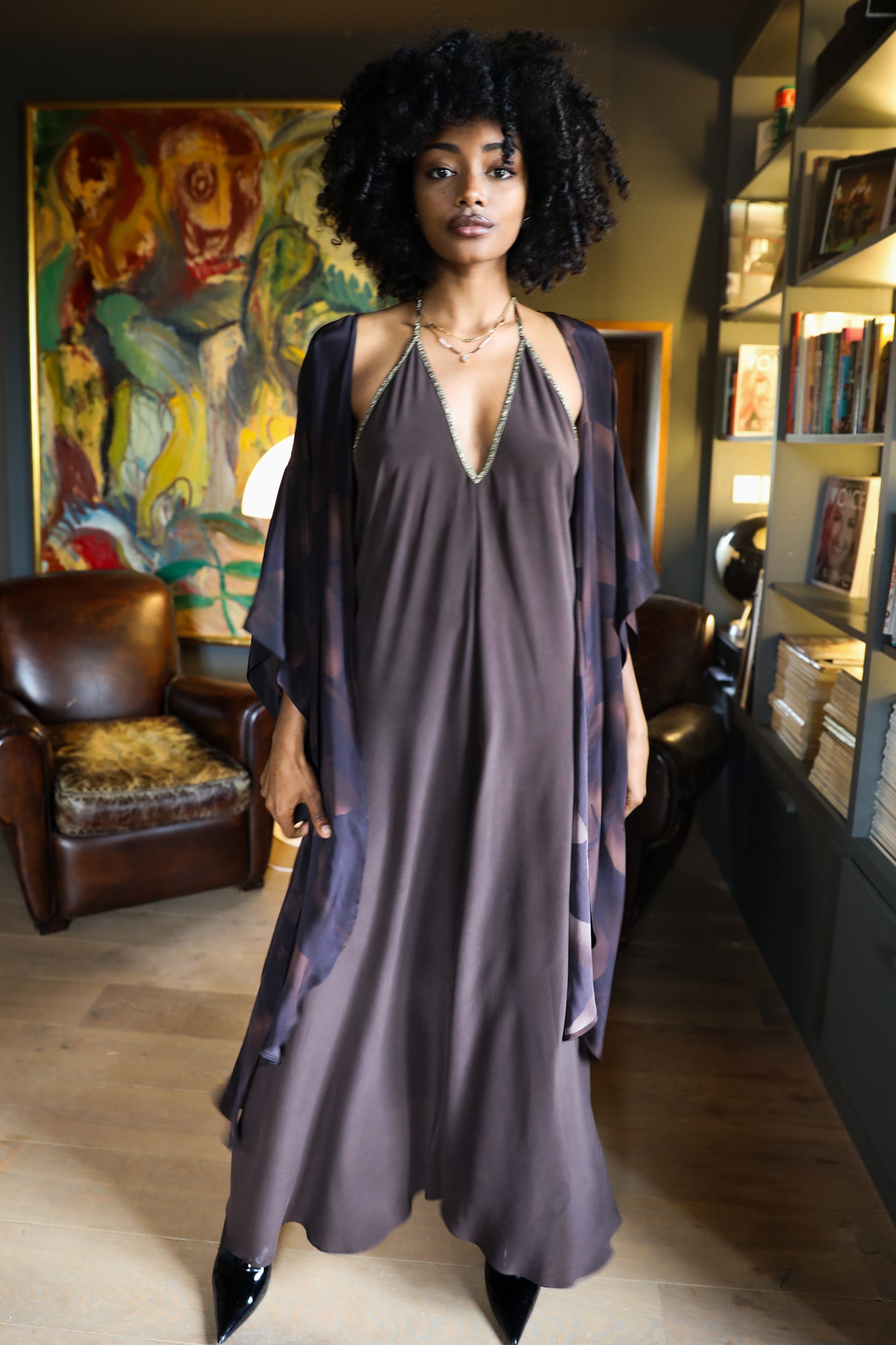 Hera Kimono in Chocolate Foglia Print