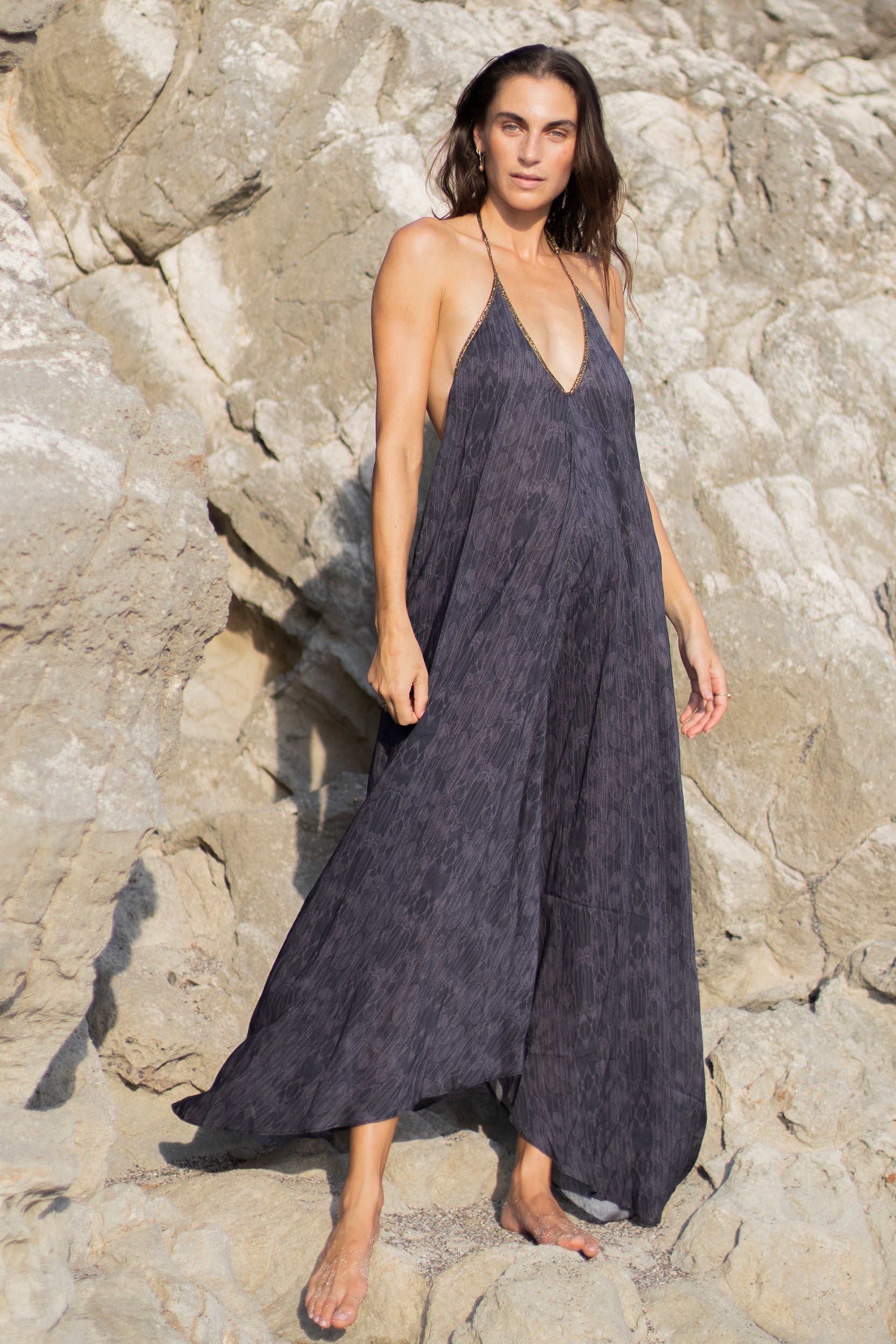 Rhodes Dress in Charcoal Bali Feather Print