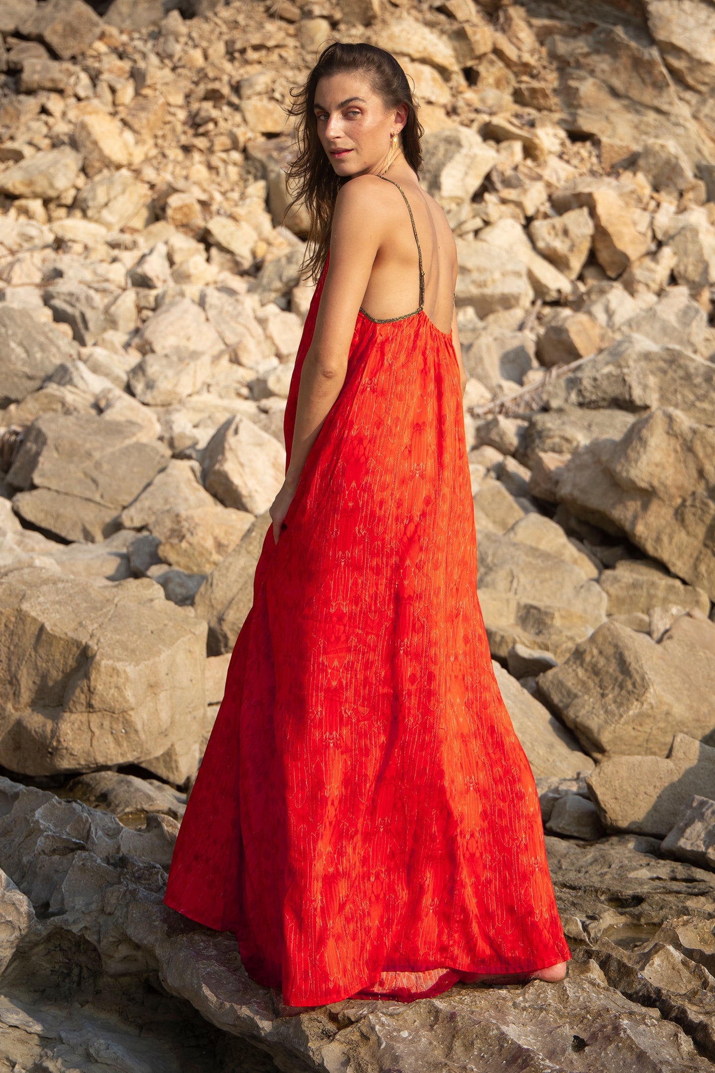 Hestia in Balinese Feather Print in Fire Red