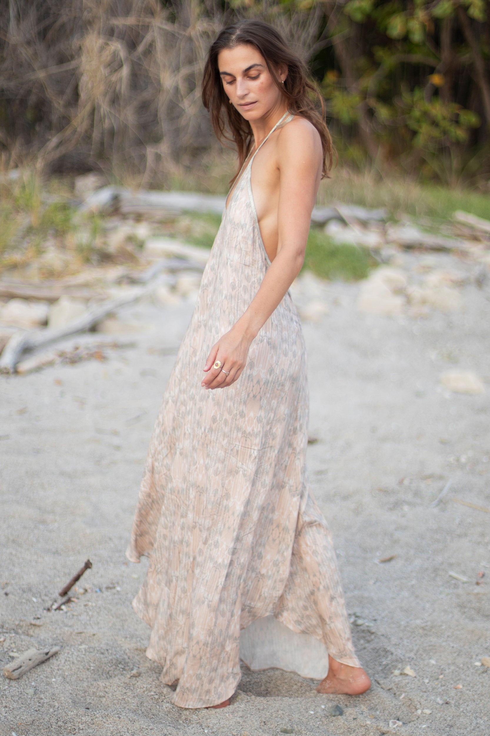 Rhodes Dress in Sand Bali Feather Print