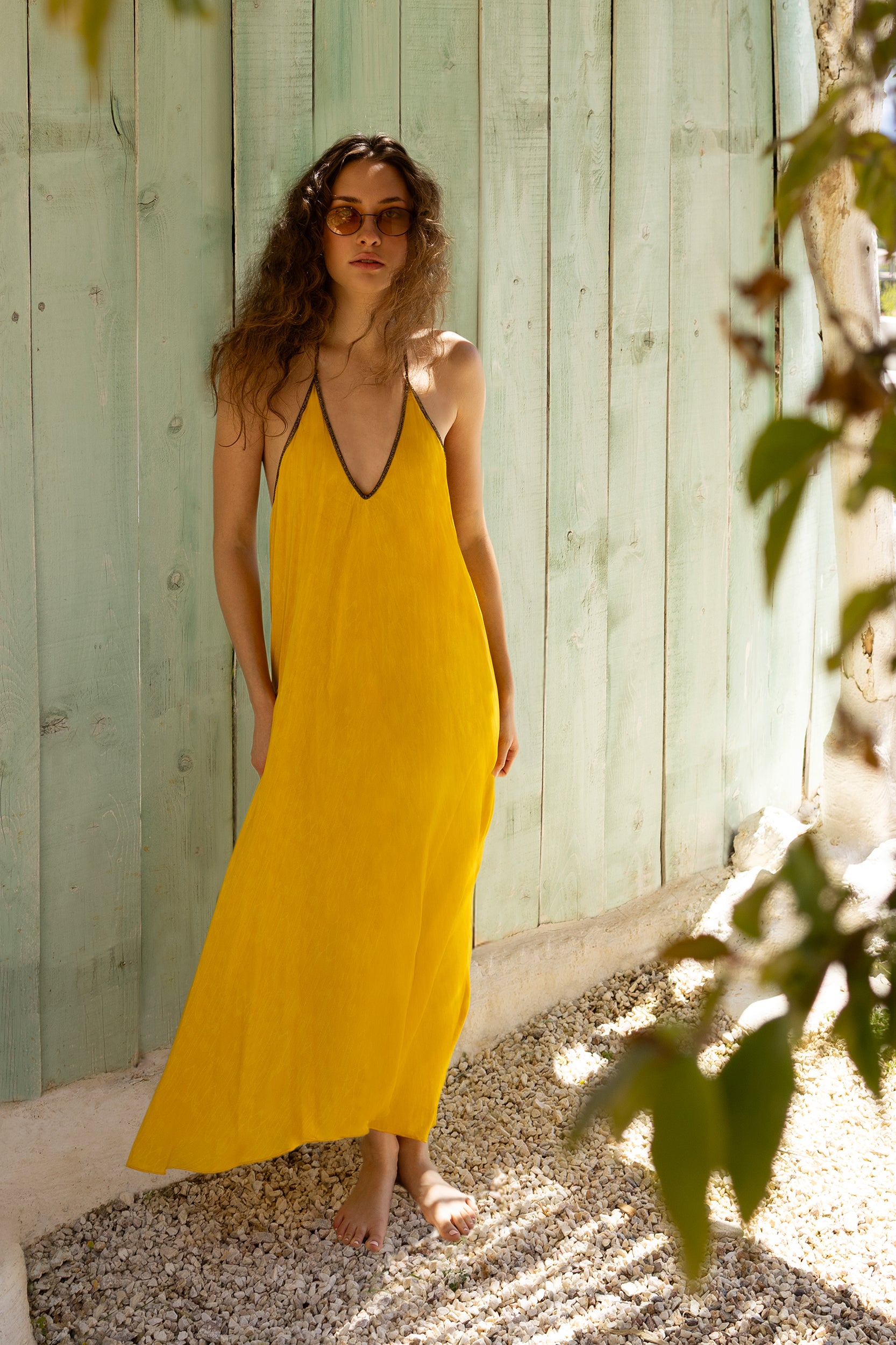 Rhodes Dress in Antique Gold Feather Print