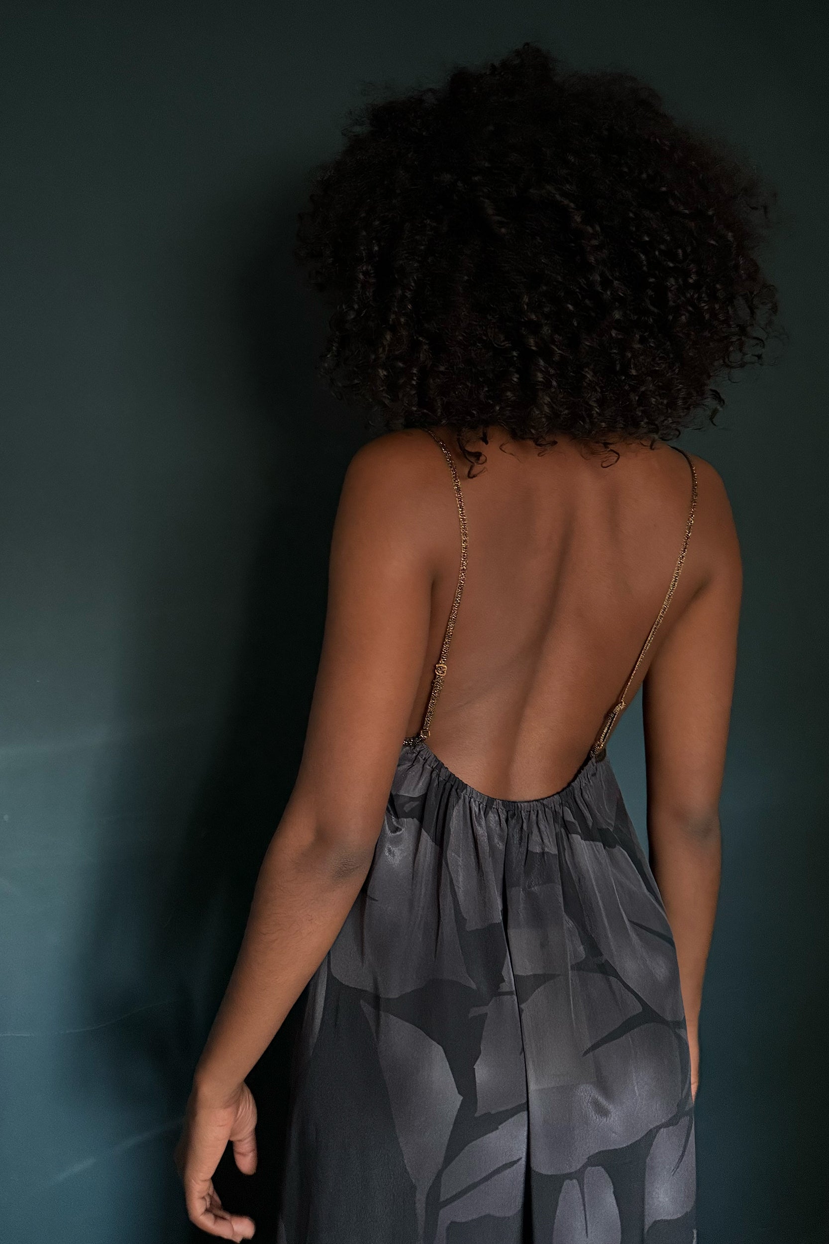 Hestia Dress in Charcoal Foglia Print