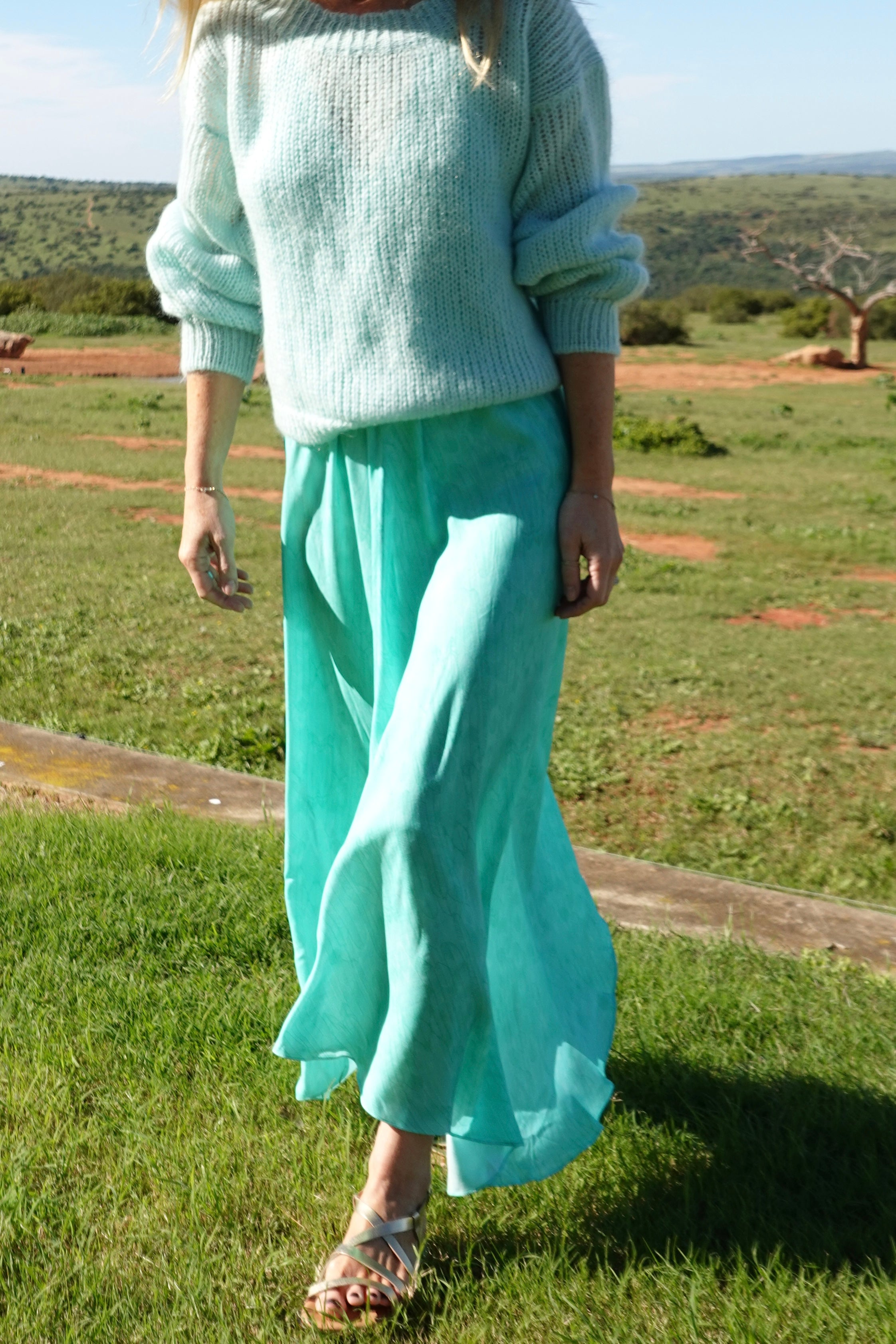 Rhodes Dress in Aqua Feather Print