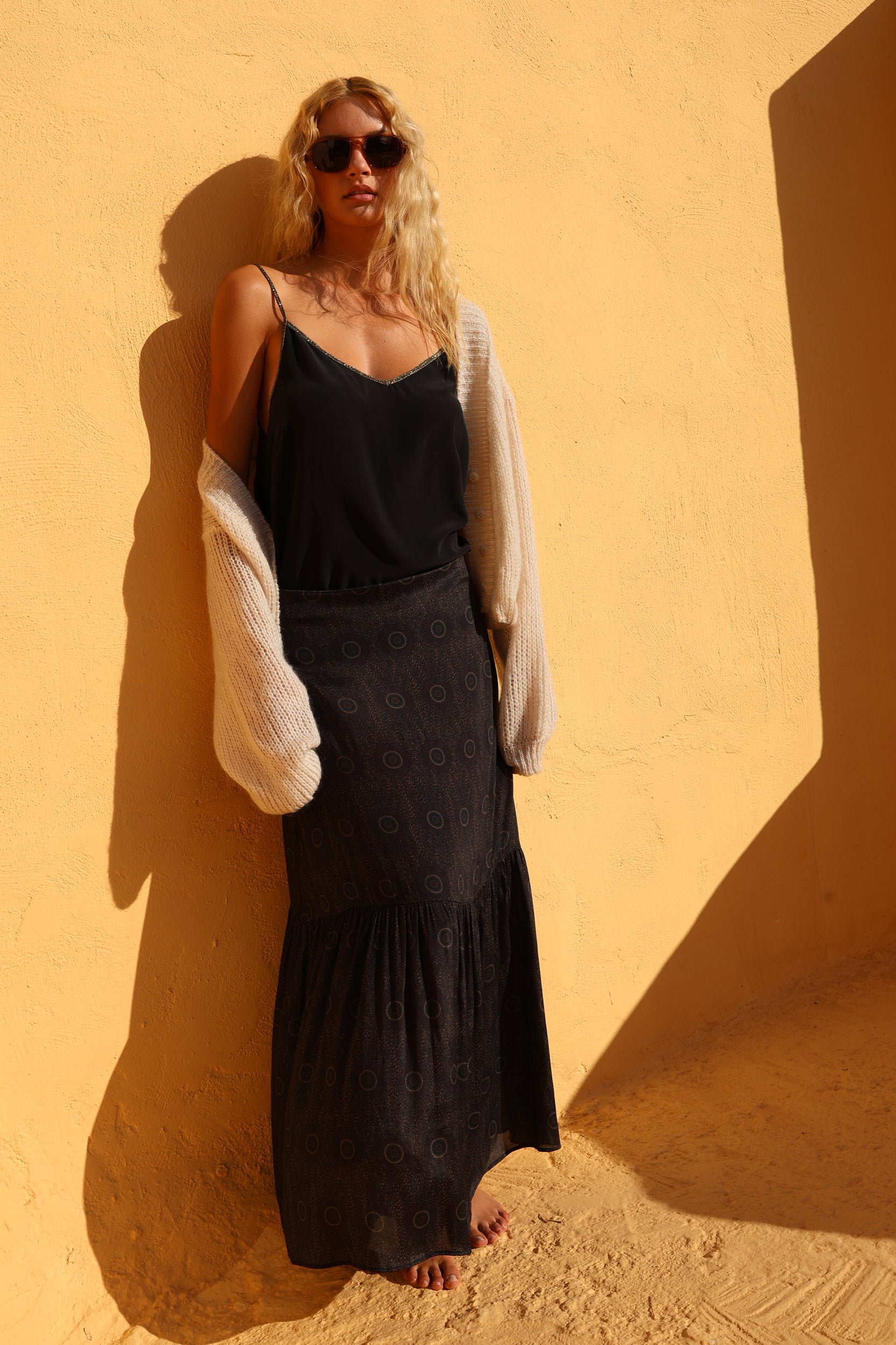Aura Skirt in Black Sands Peacock Print