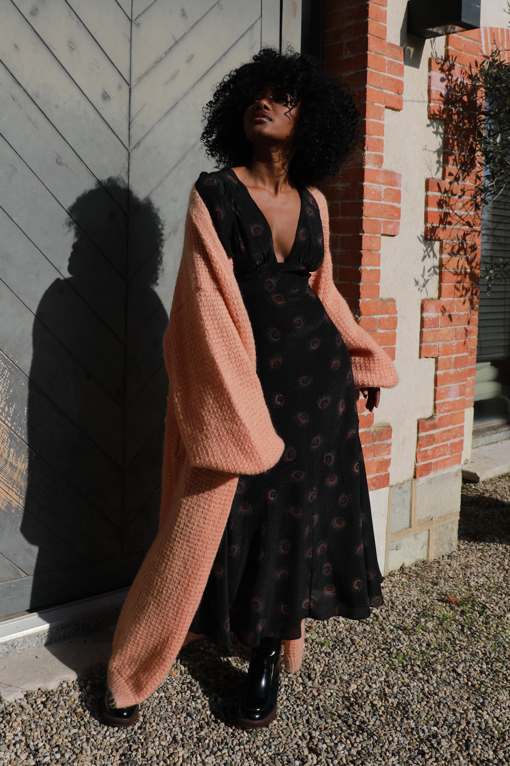Long Bell- Sleeved Cardigan in Apricot