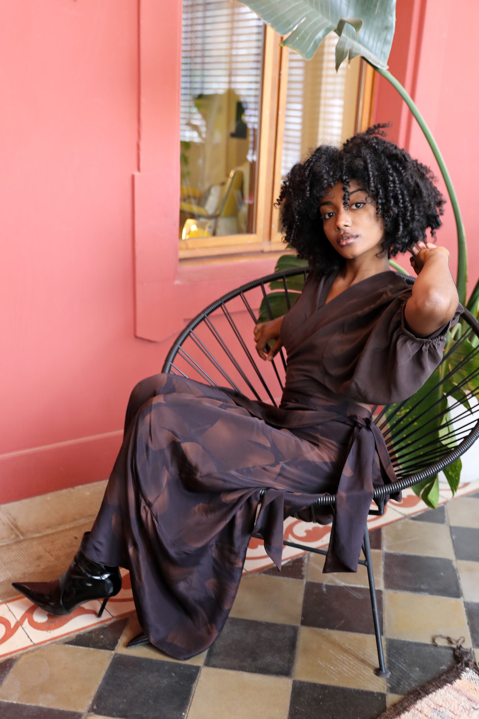 Rhodes Dress in Chocolate Foglia Print