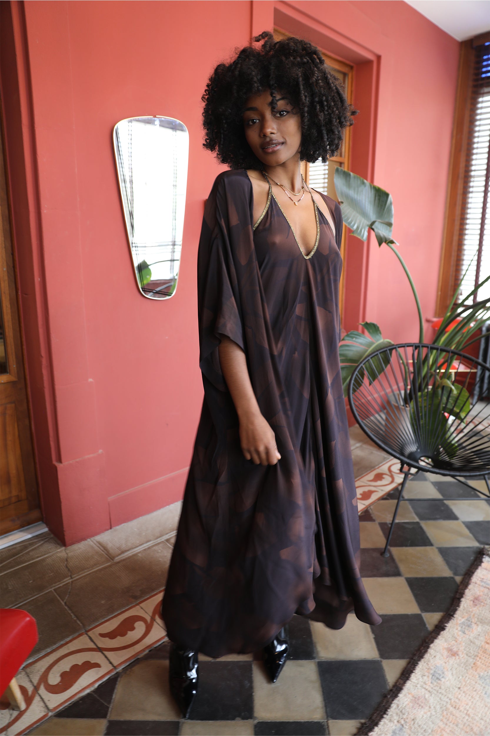 Rhodes Dress in Chocolate Foglia Print