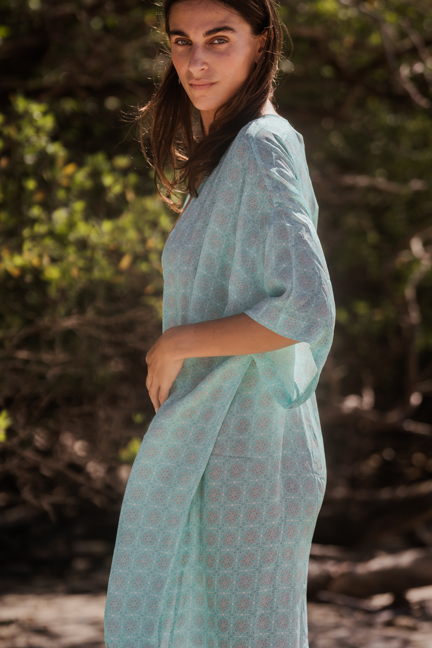 Hera Kimono in Vintage Petal Print in Aqua Viva