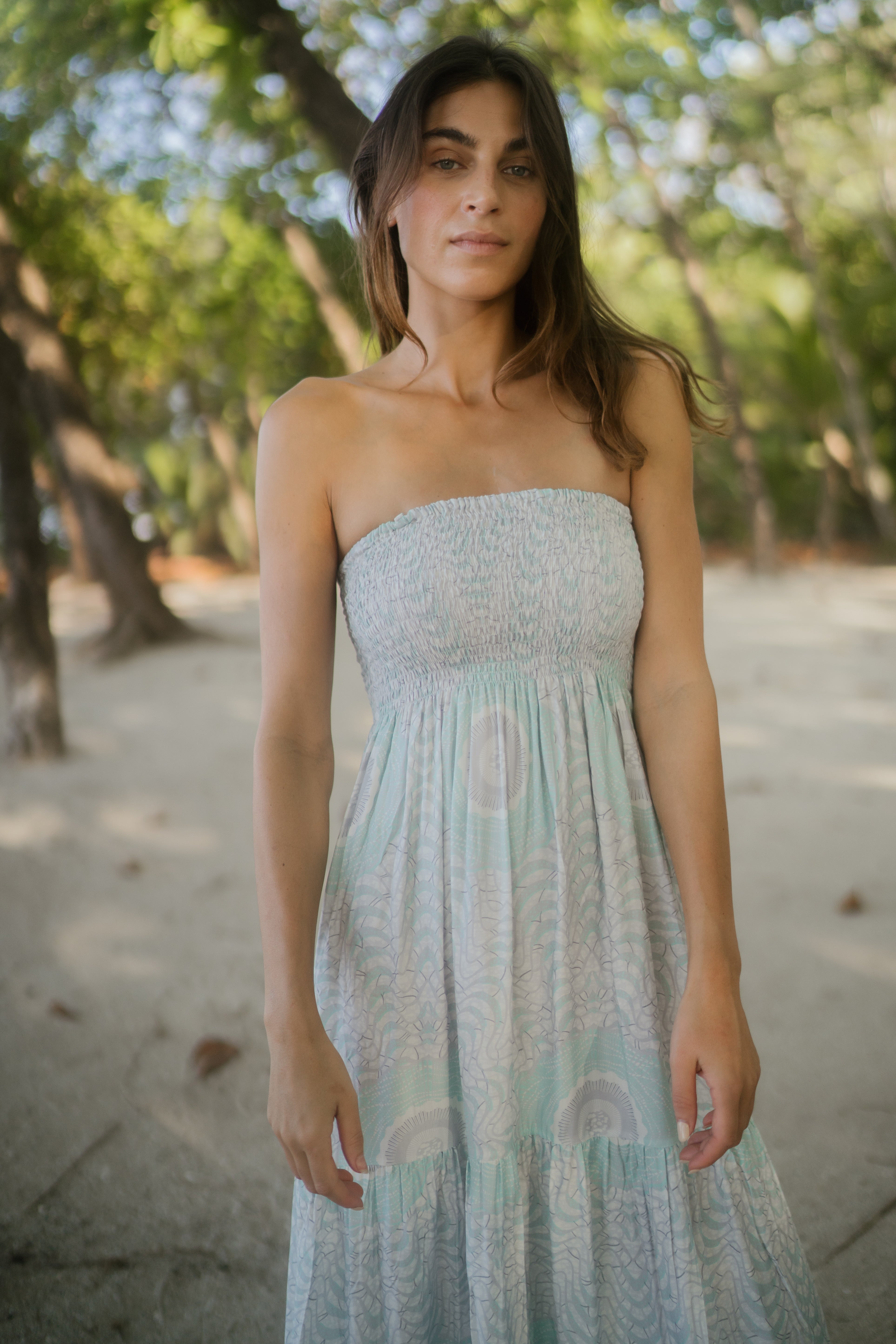 Gaia Dress in Aqua African Feather Print