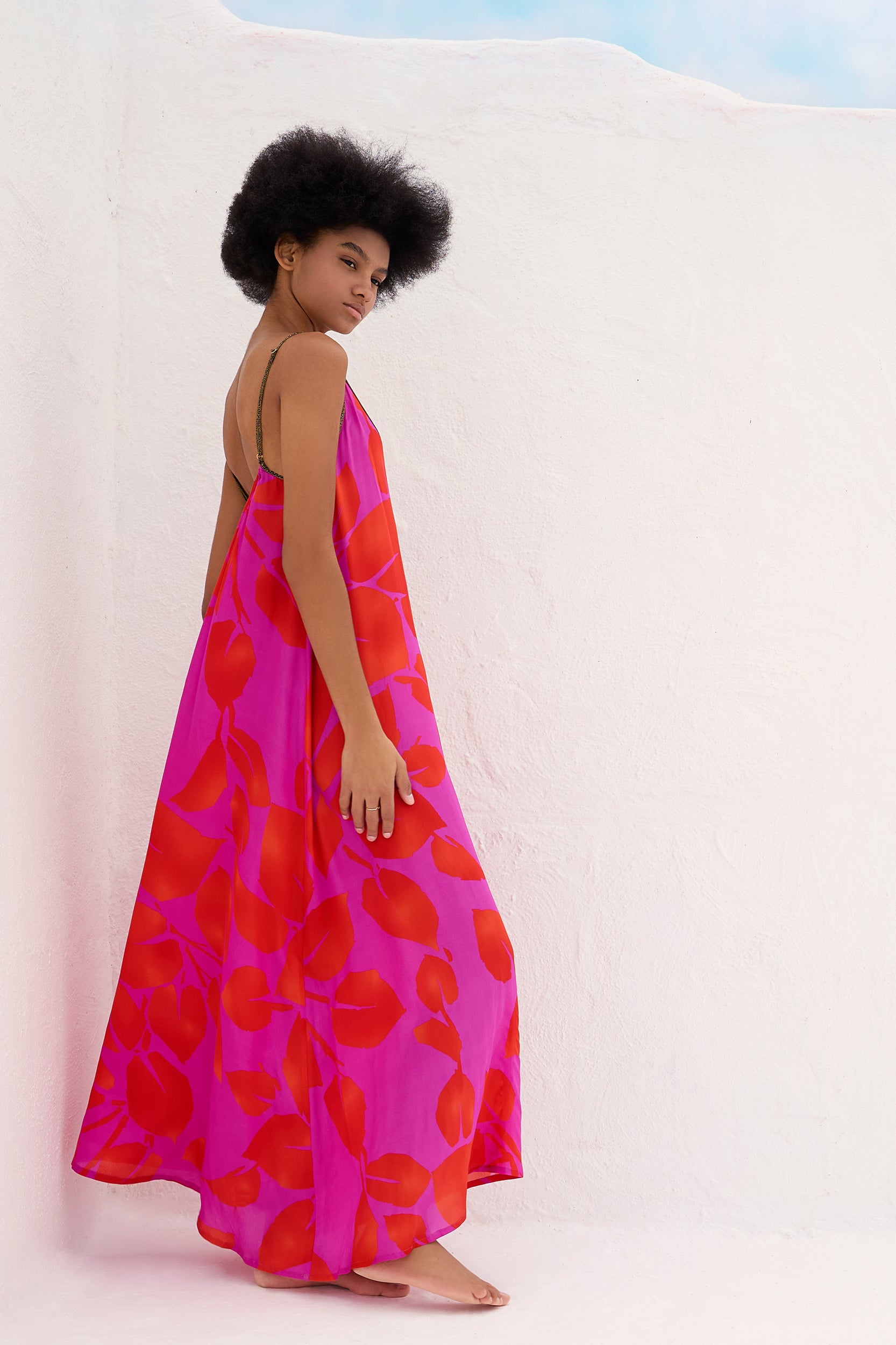 Hestia Dress in Magenta Foglia Print