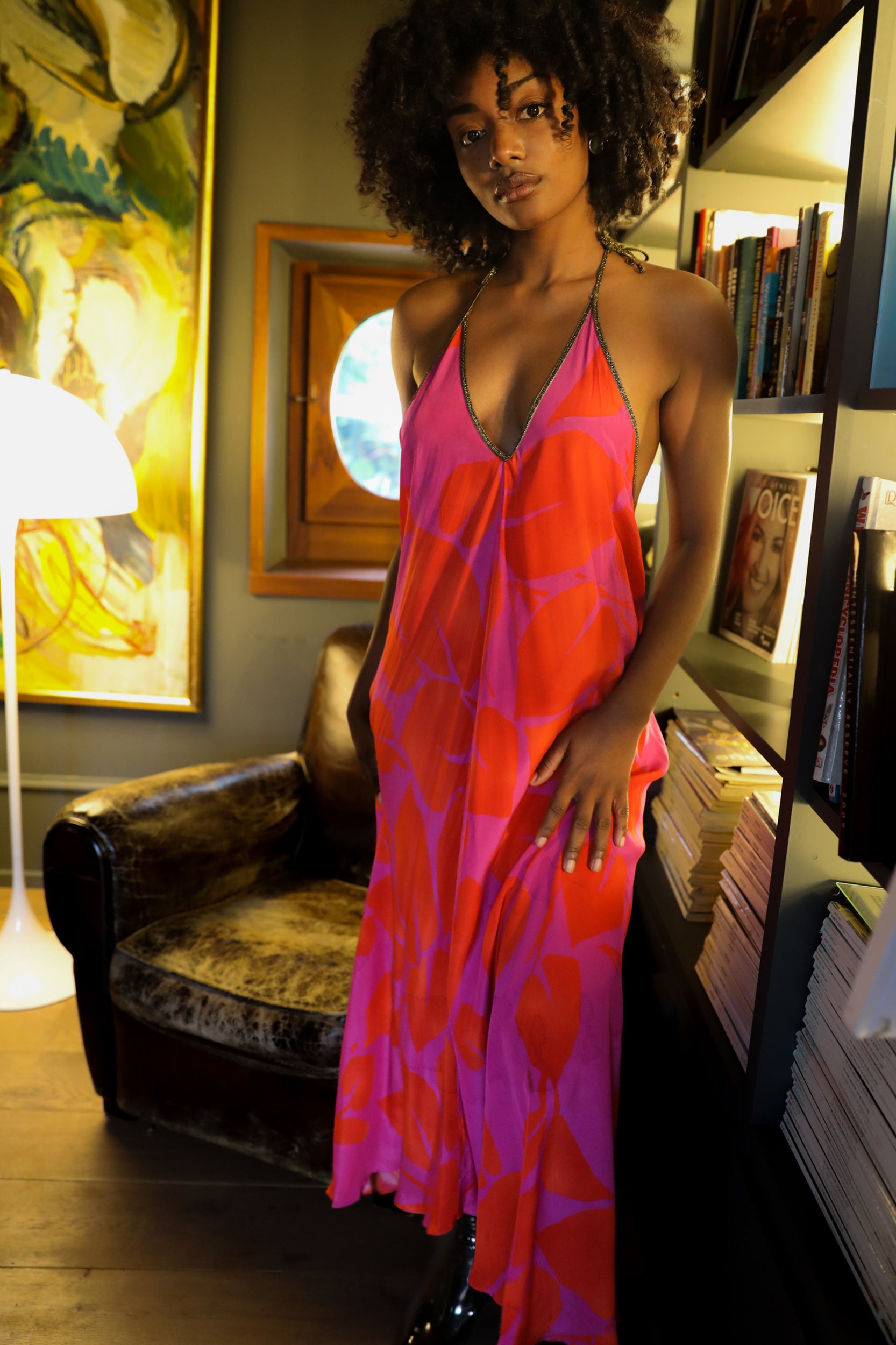 Rhodes Dress in Magenta Foglia Print