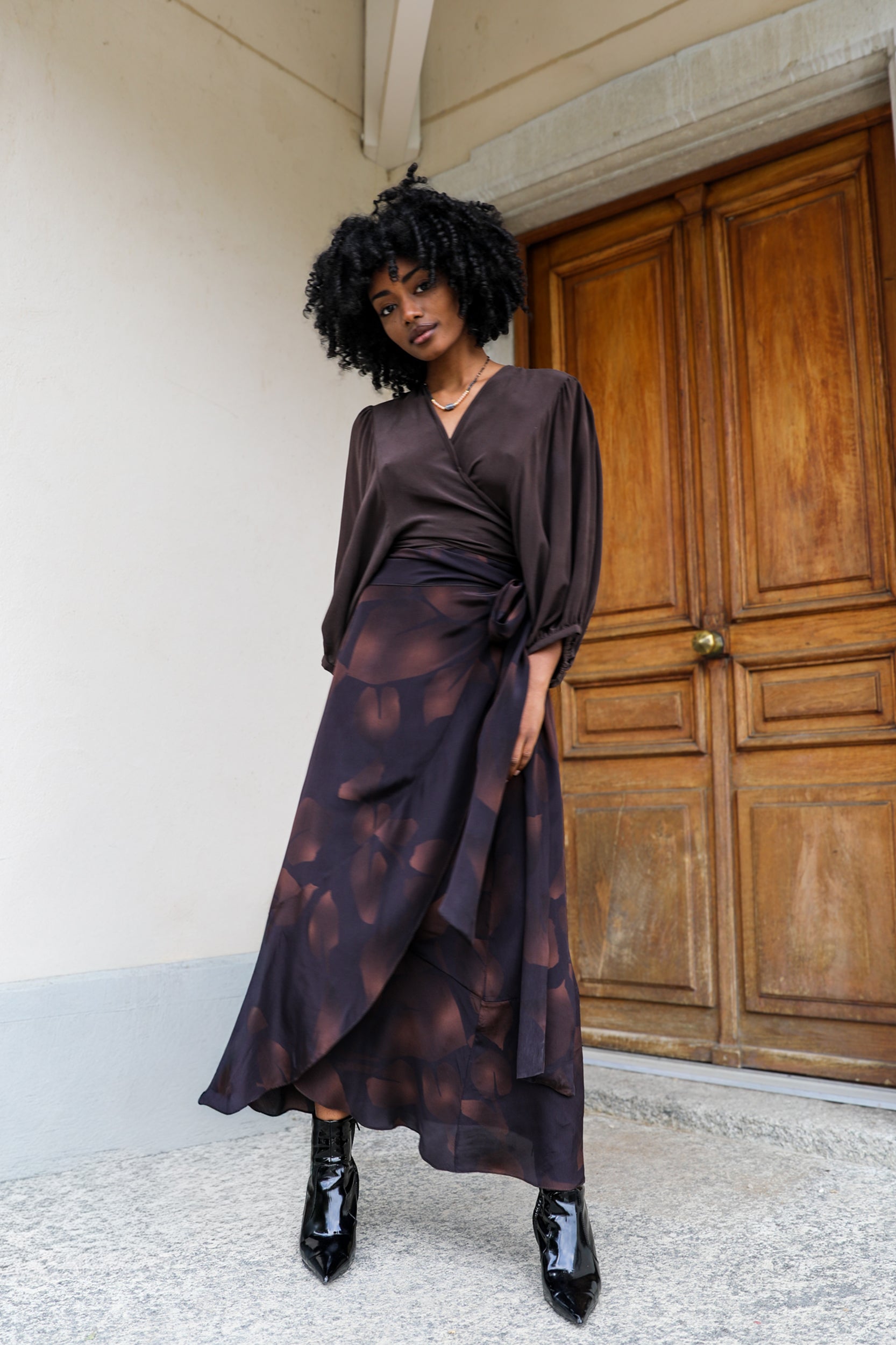 Calypso Skirt in Chocolate Foglia Print