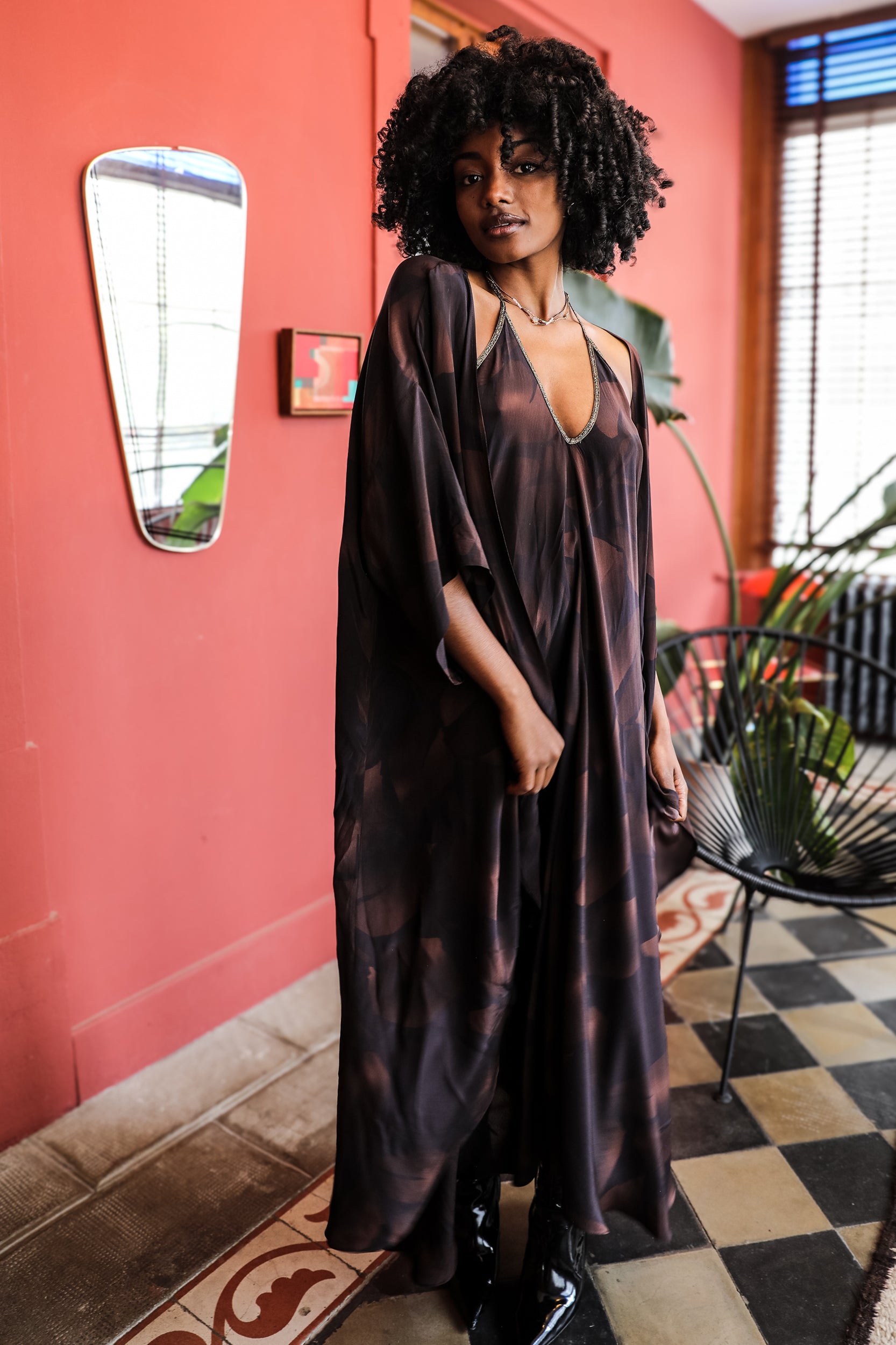 Rhodes Dress in Chocolate Foglia Print