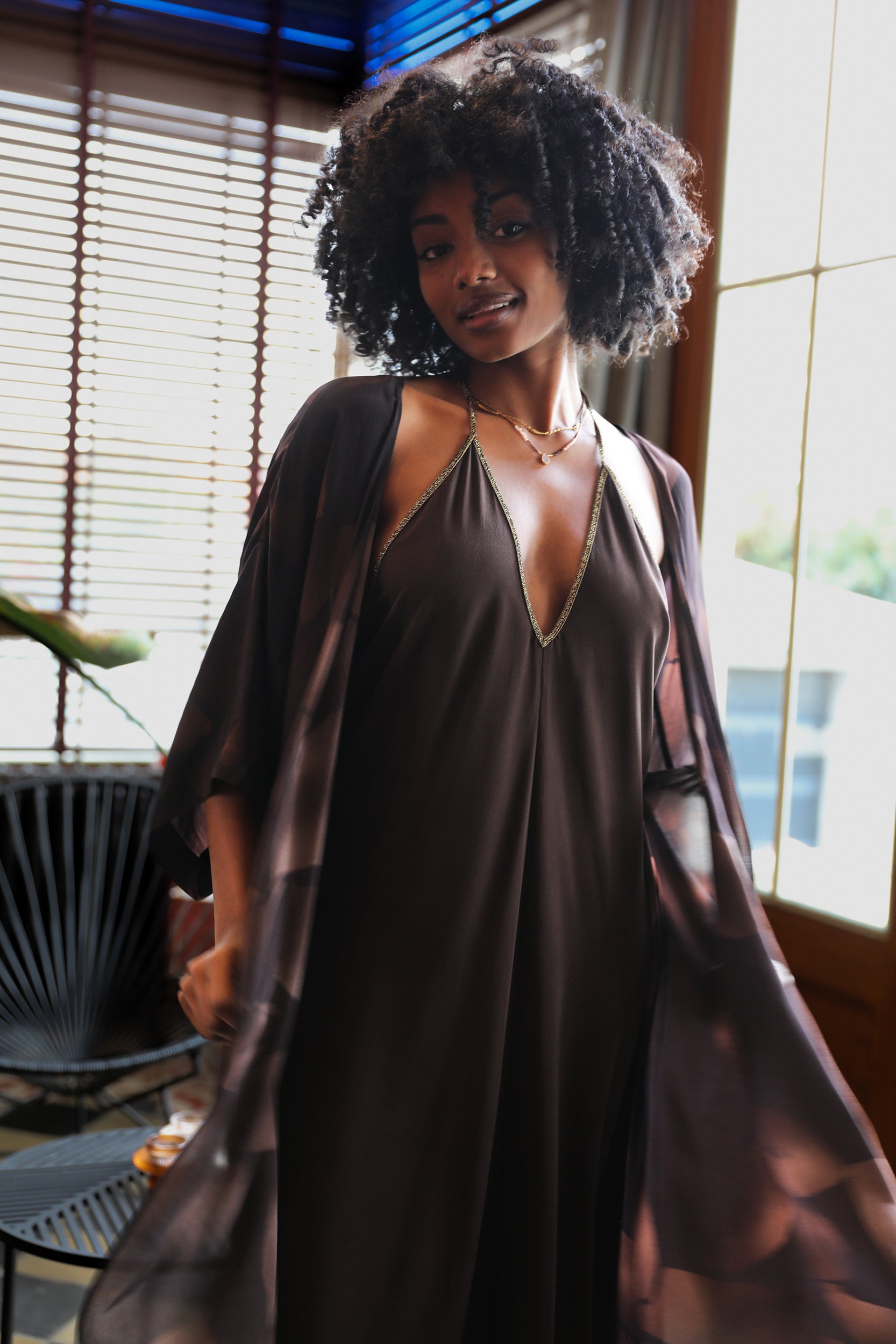 Rhodes Dress in Chocolate Foglia Print