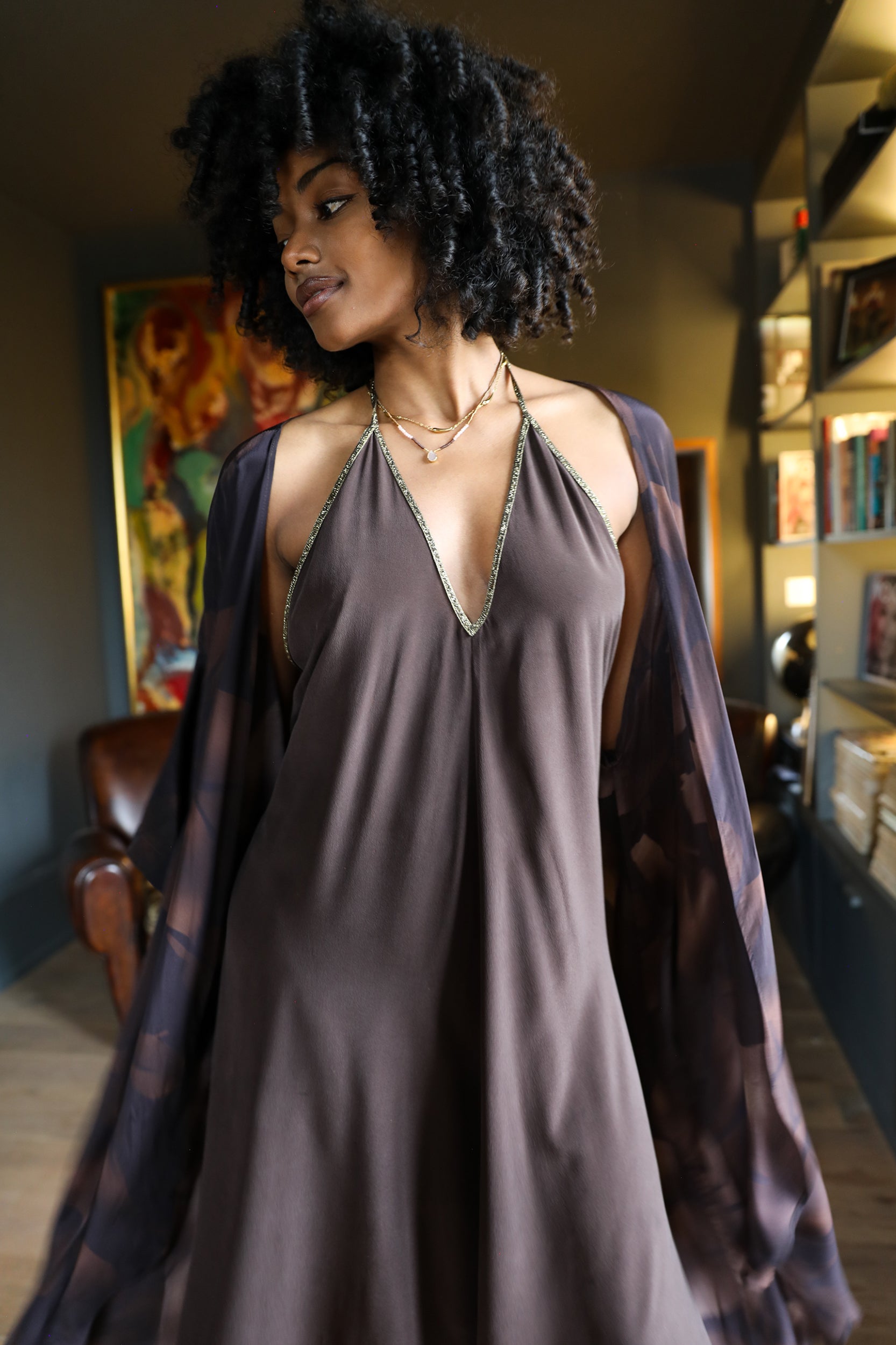 Hera Kimono in Chocolate Foglia Print