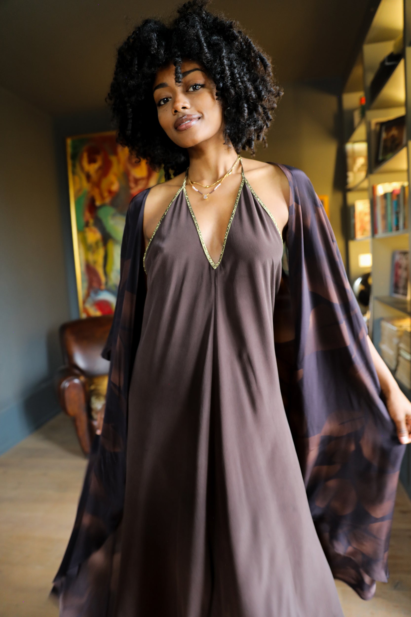 Hera Kimono in Chocolate Foglia Print