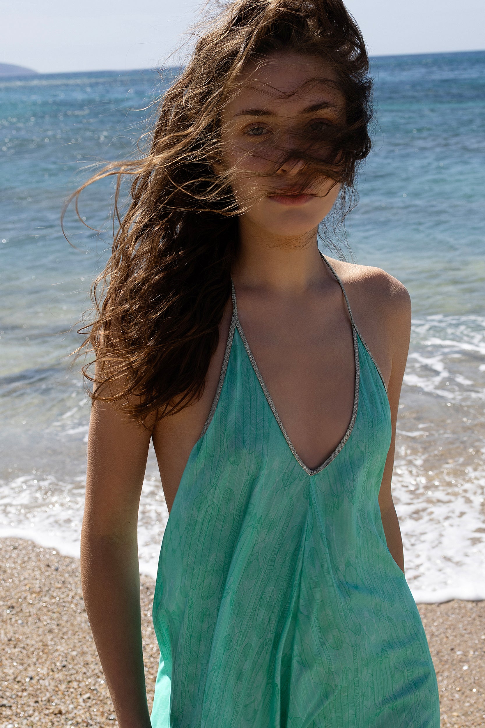 Rhodes Dress in Aqua Feather Print