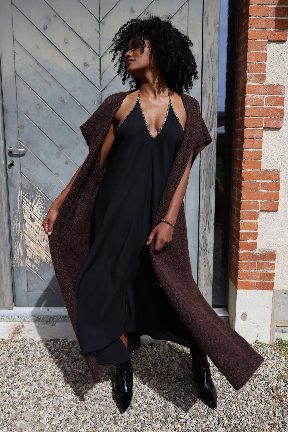 Rhea Long Wool Gilet in Bitter Chocolate