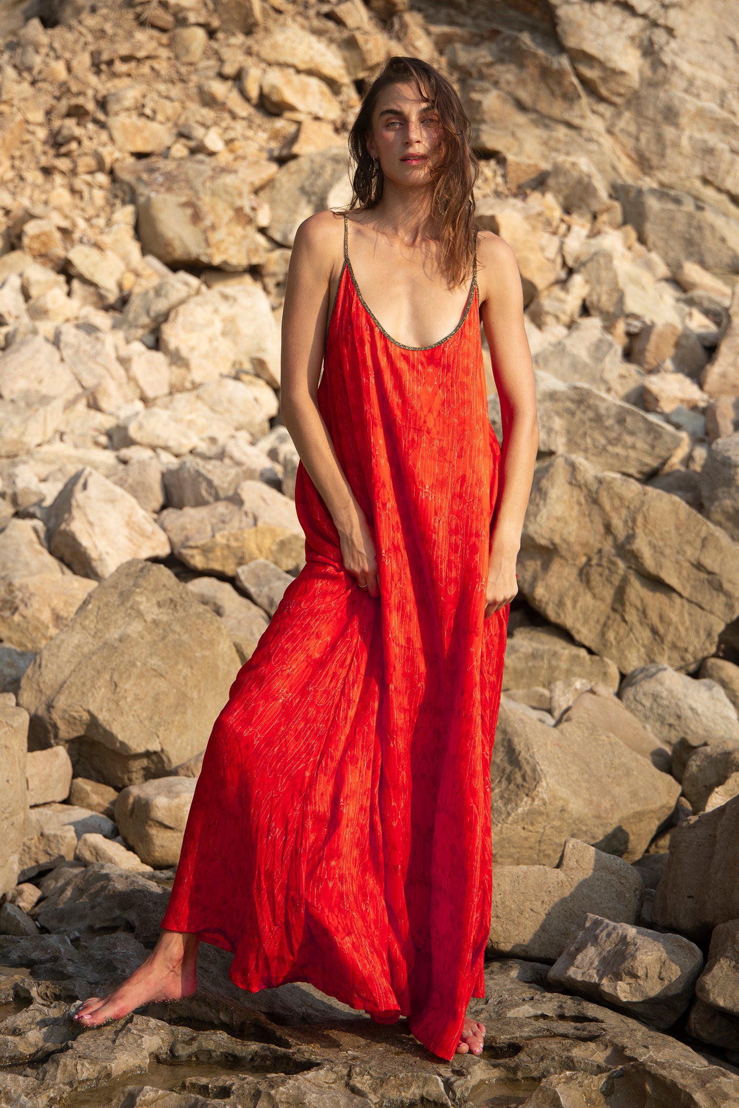 Hestia in Balinese Feather Print in Fire Red