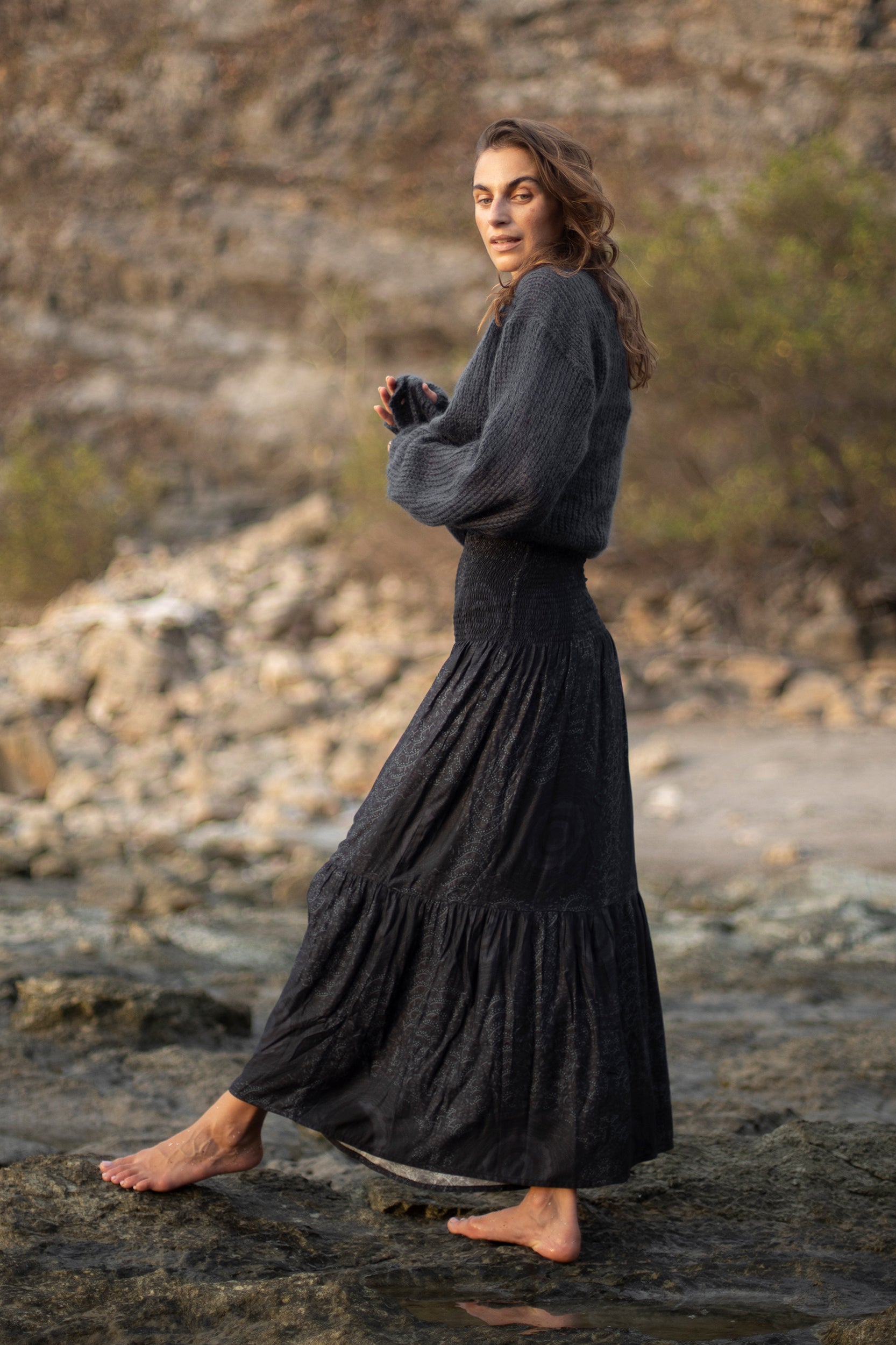 Gaia Skirt in Charcoal African Peacock Print