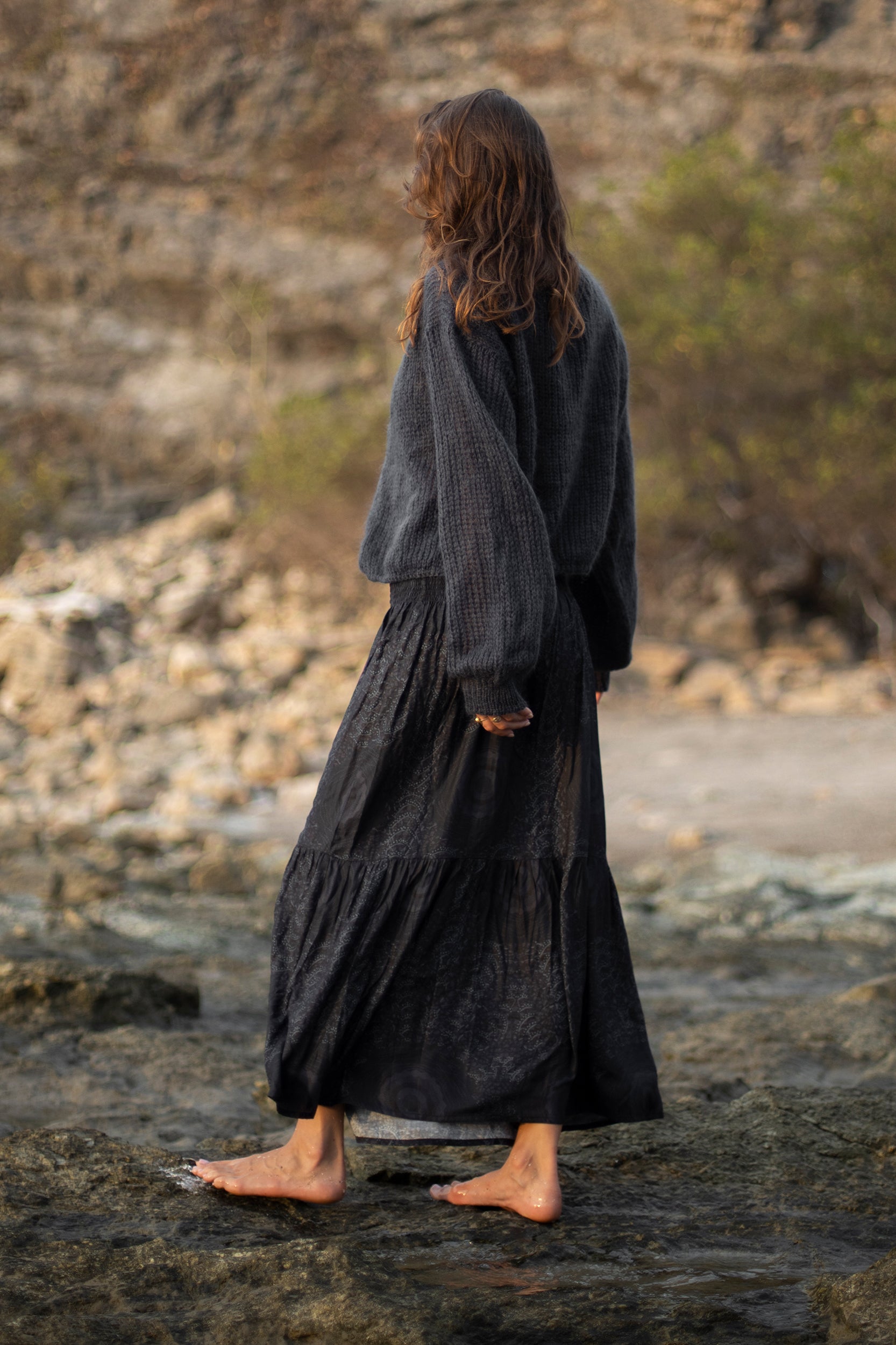 Gaia Skirt in Charcoal African Peacock Print
