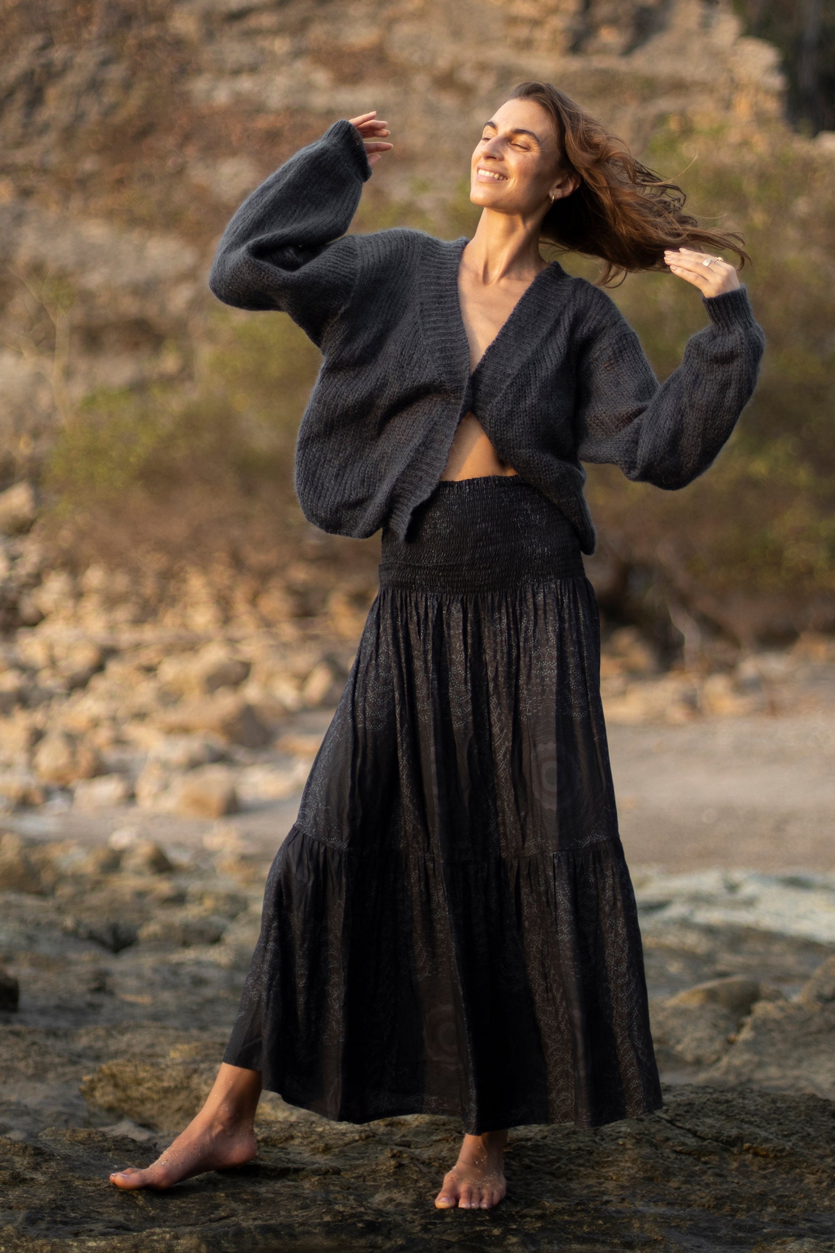 Gaia Skirt in Charcoal African Peacock Print