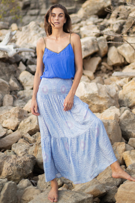 Gaia Skirt in African Peacock Print in Dusty Sweetpea