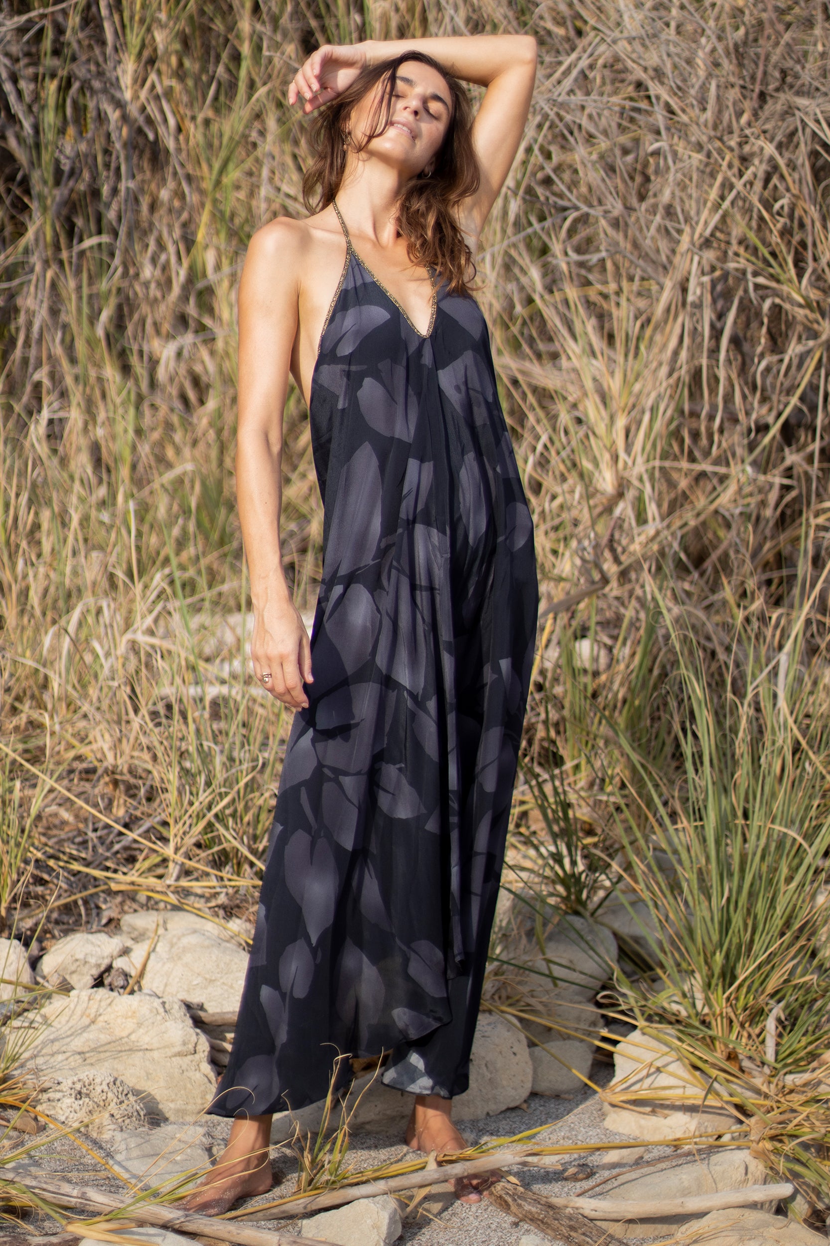 Rhodes Dress in Charcoal Foglia Print