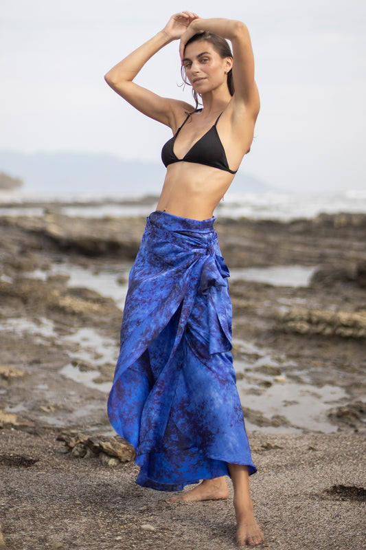 Calypso Skirt in Tie-Dye Print Silk in Jaipur Blue