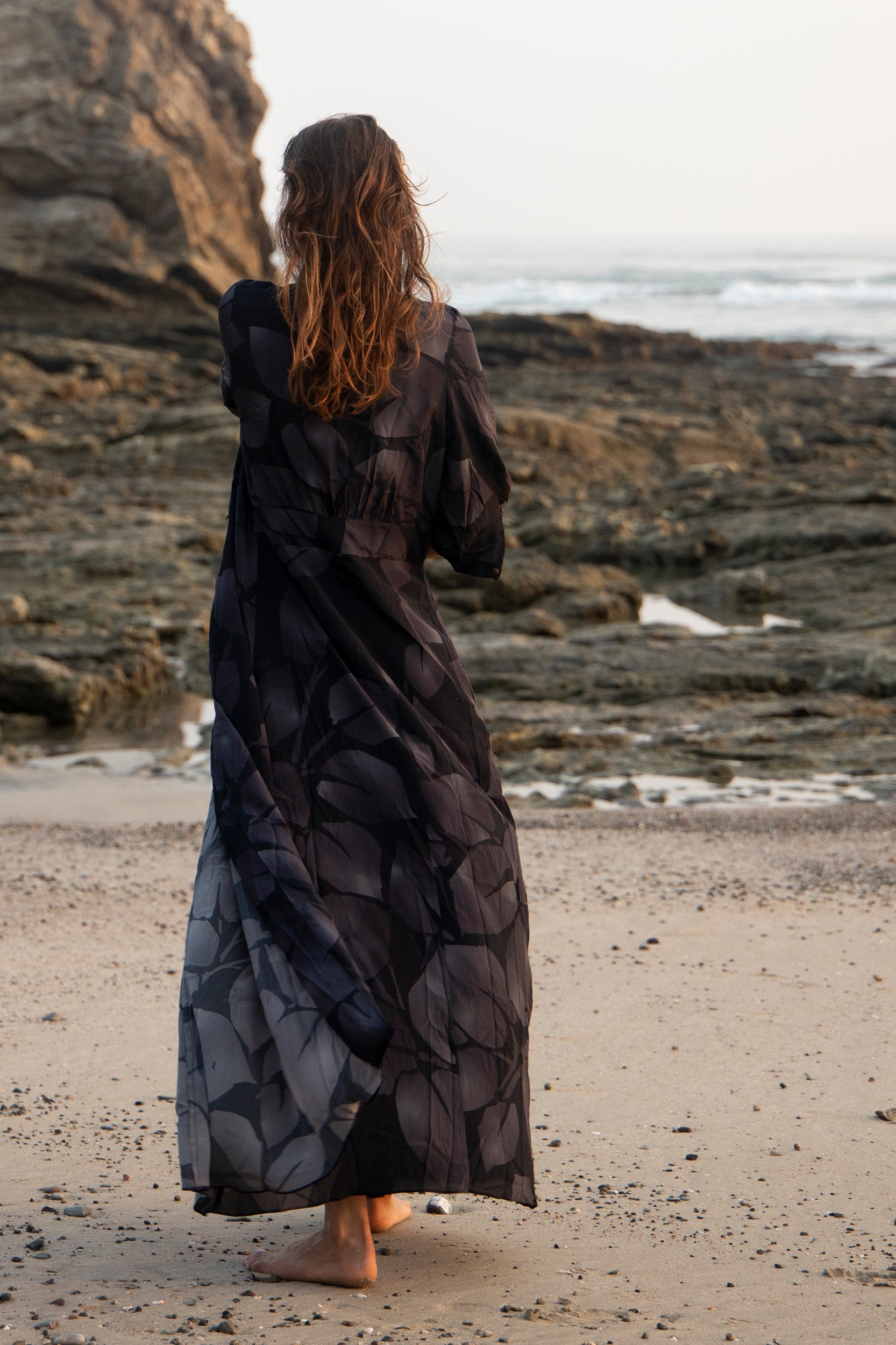 Athena Dress in Charcoal Foglia Print