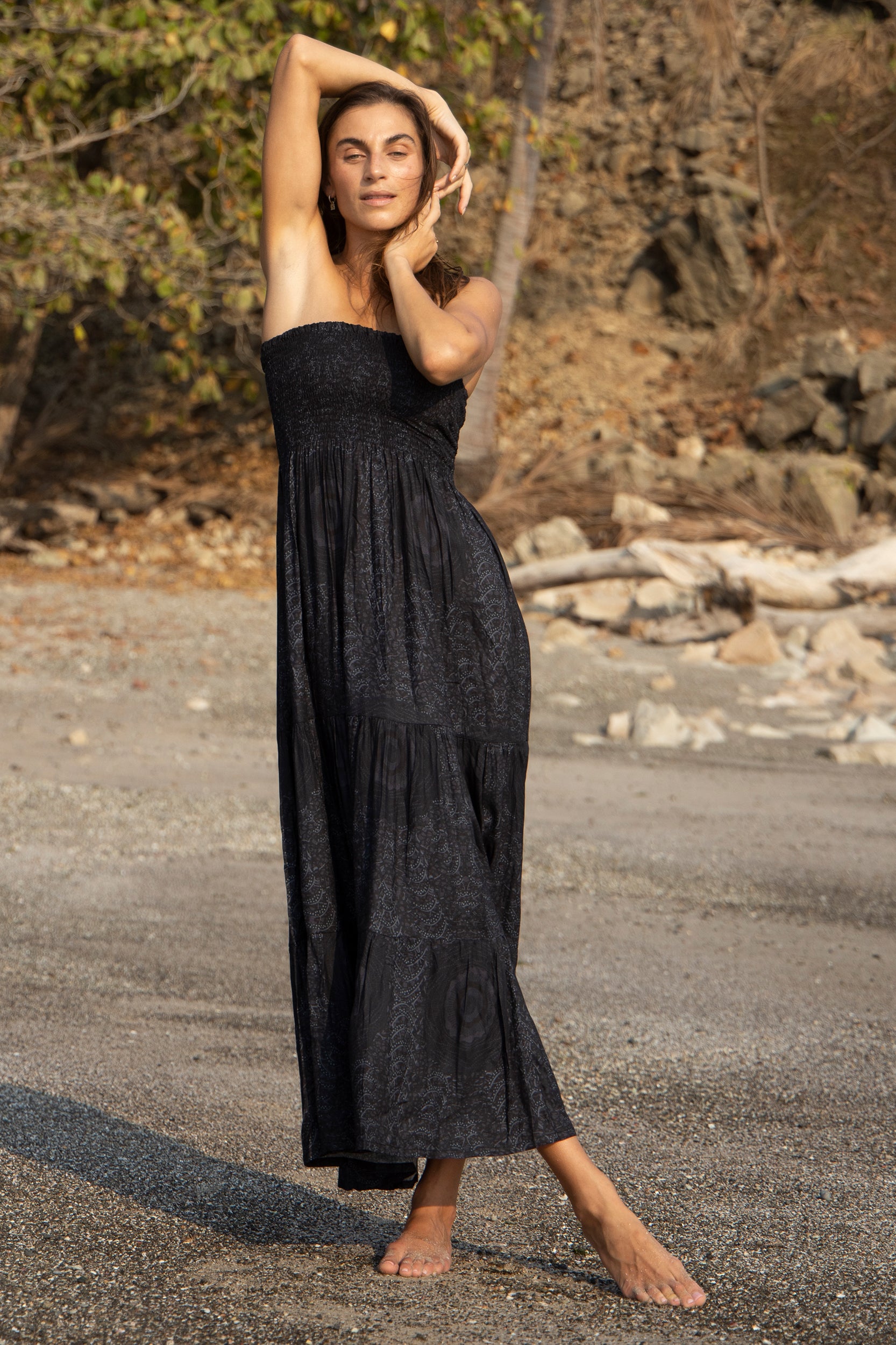 Gaia Dress in Charcoal African Peacock Print