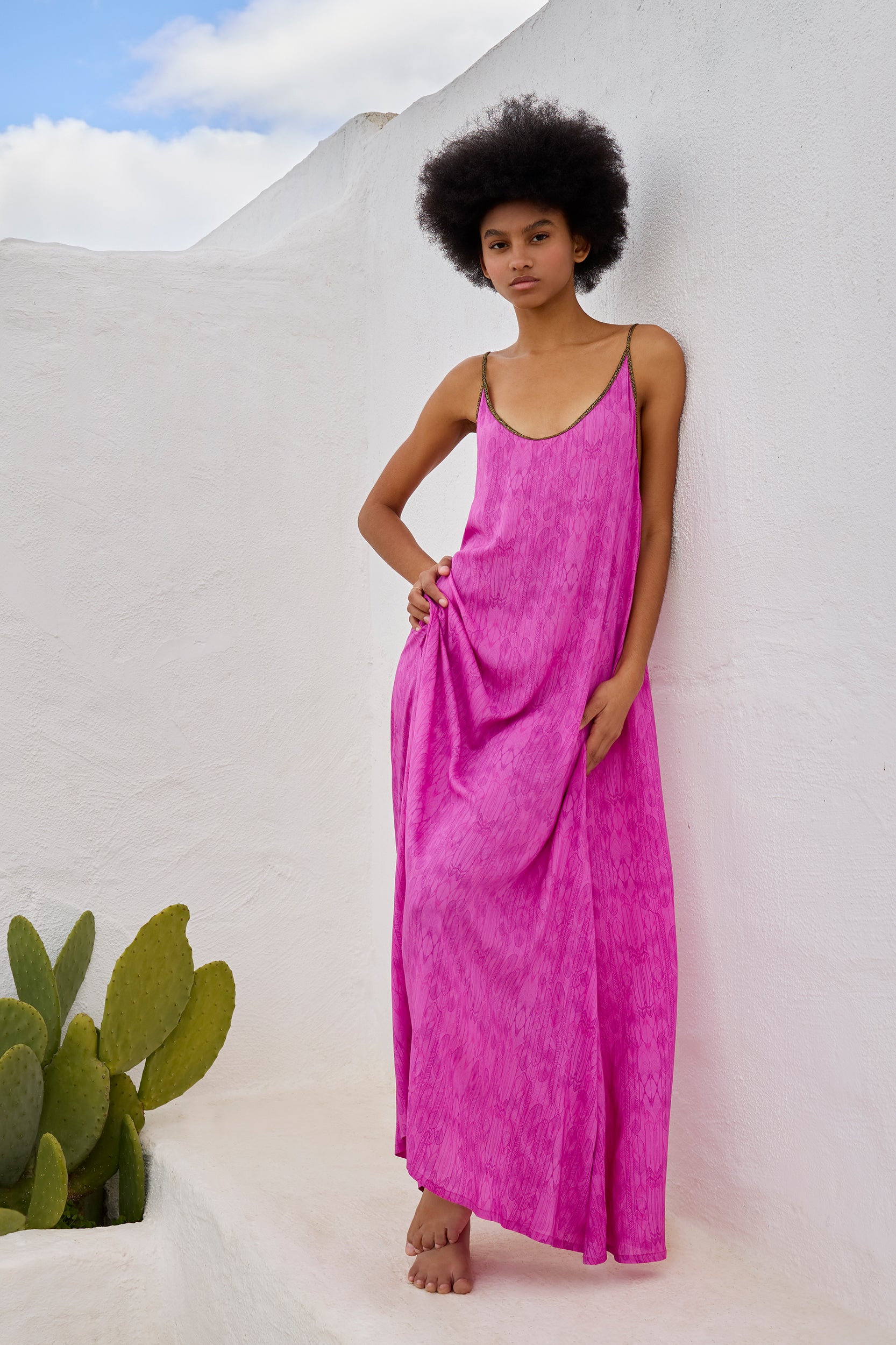 Hestia Dress in Magenta Balinese Feather Print