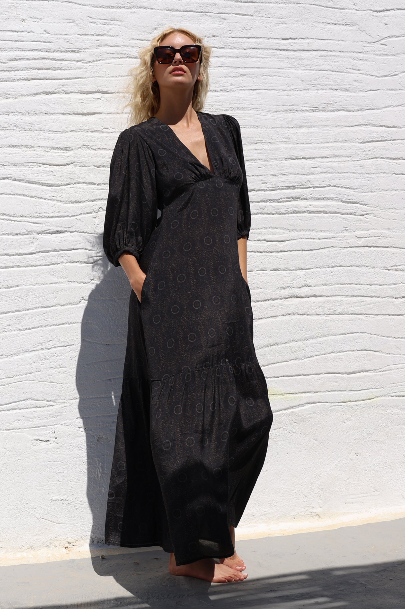 Aura Dress in Black Sands Peacock Print