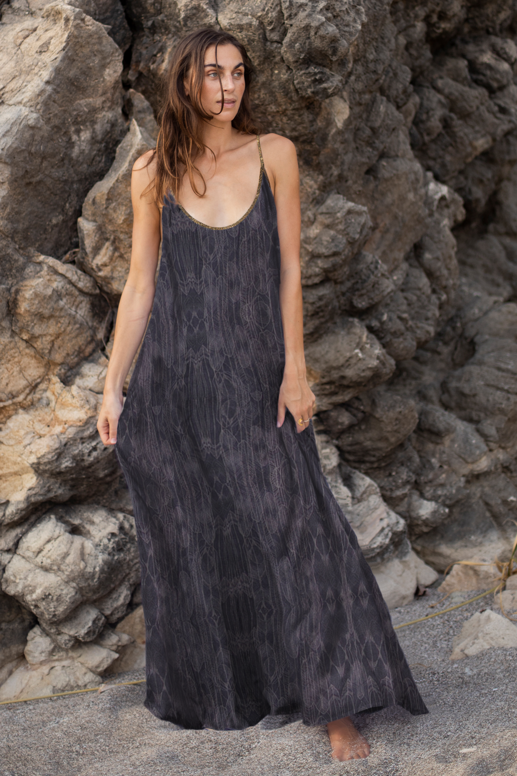 Hestia Dress in Charcoal Balinese Feather Print
