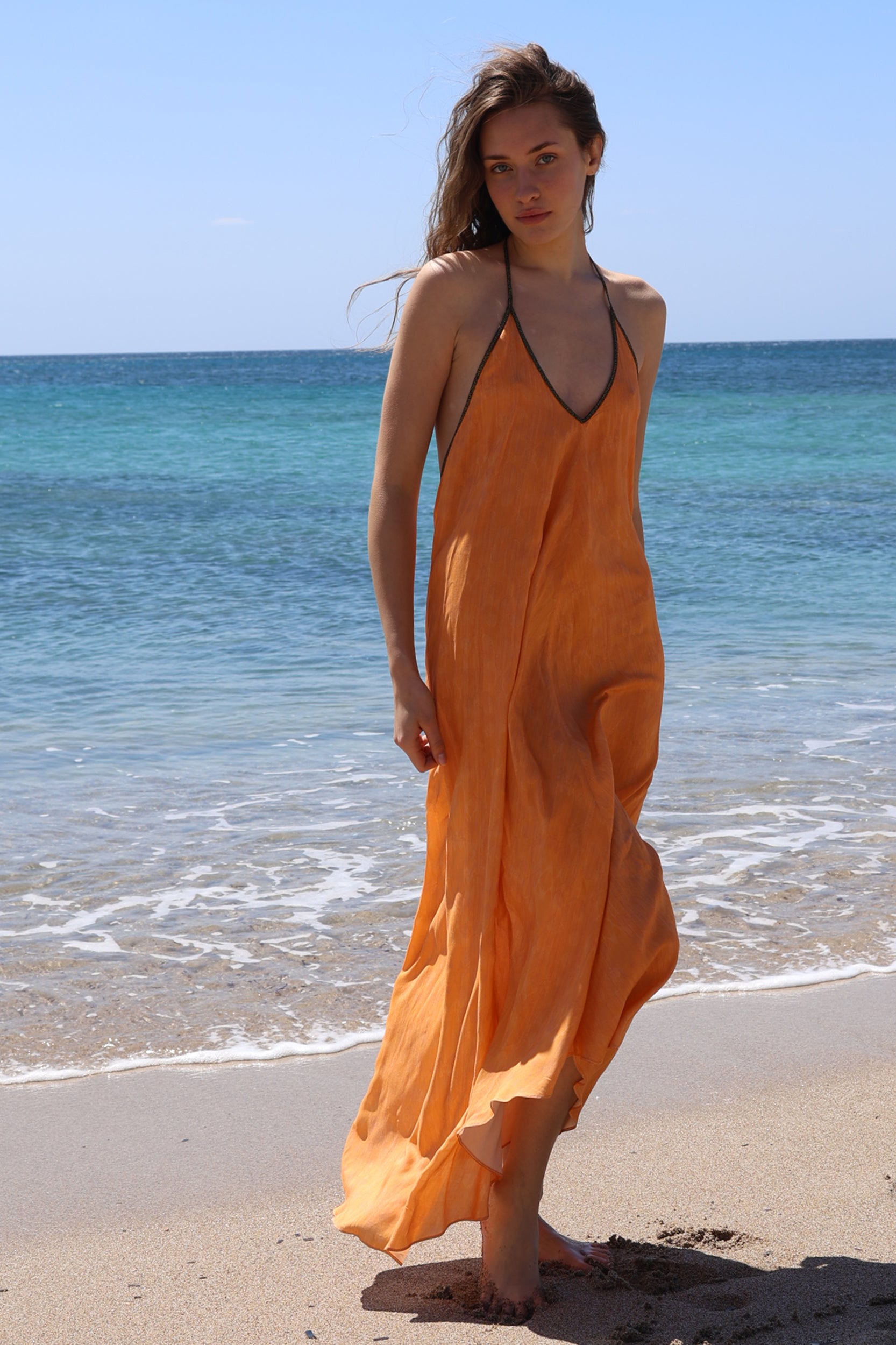 Rhodes Dress in Tangerine Feather Print