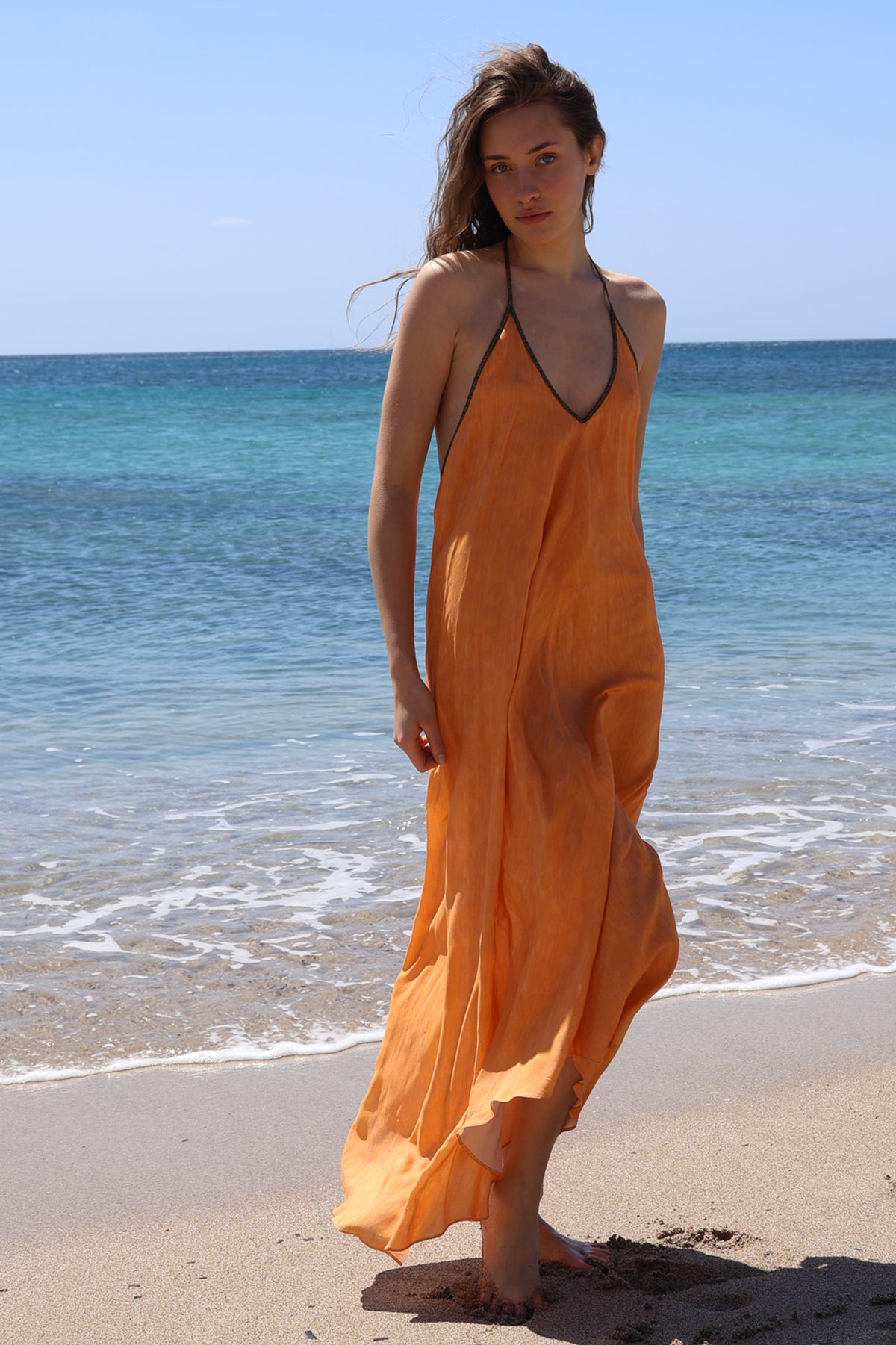 Rhodes Dress Tangerine Feather Print
