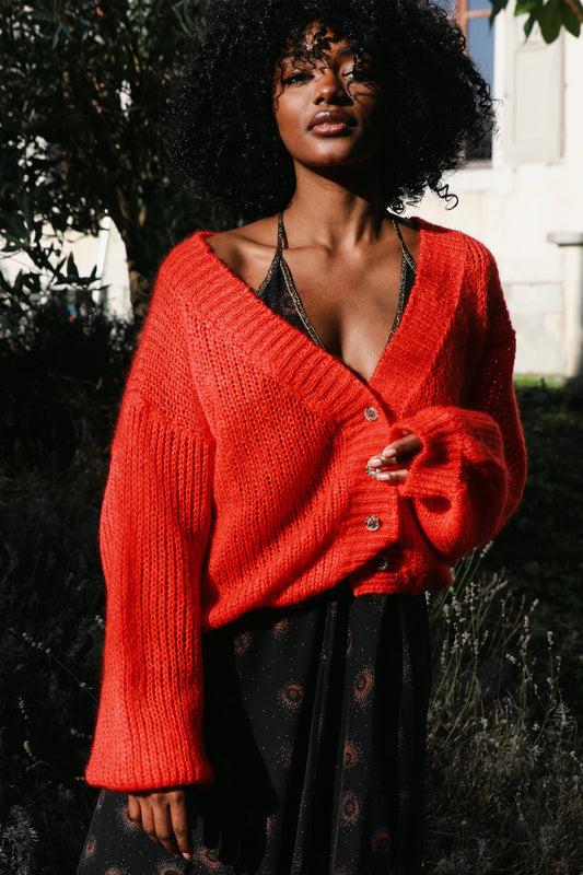 Cropped Cardigan in Flame Red