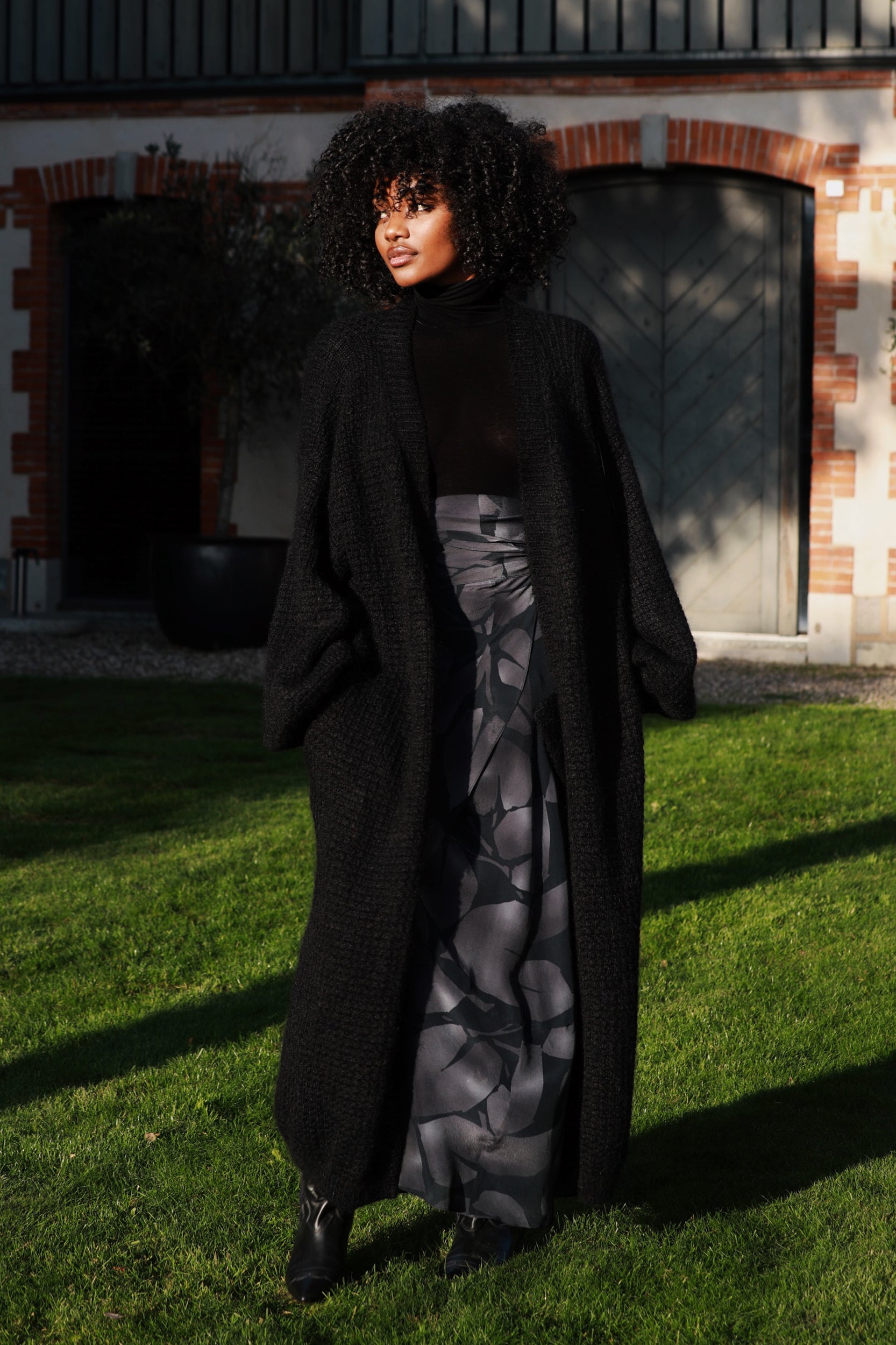 Long Bell- Sleeved Cardigan in Black