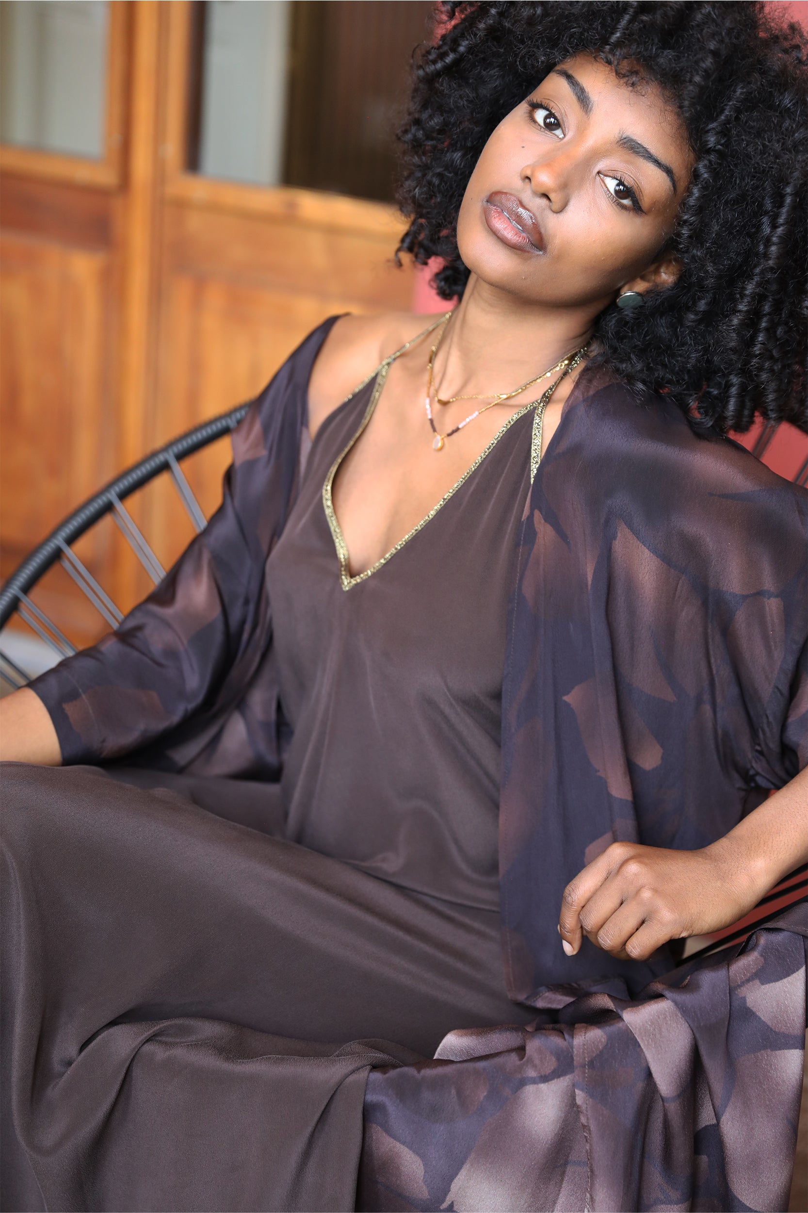 Hera Kimono in Chocolate Foglia Print