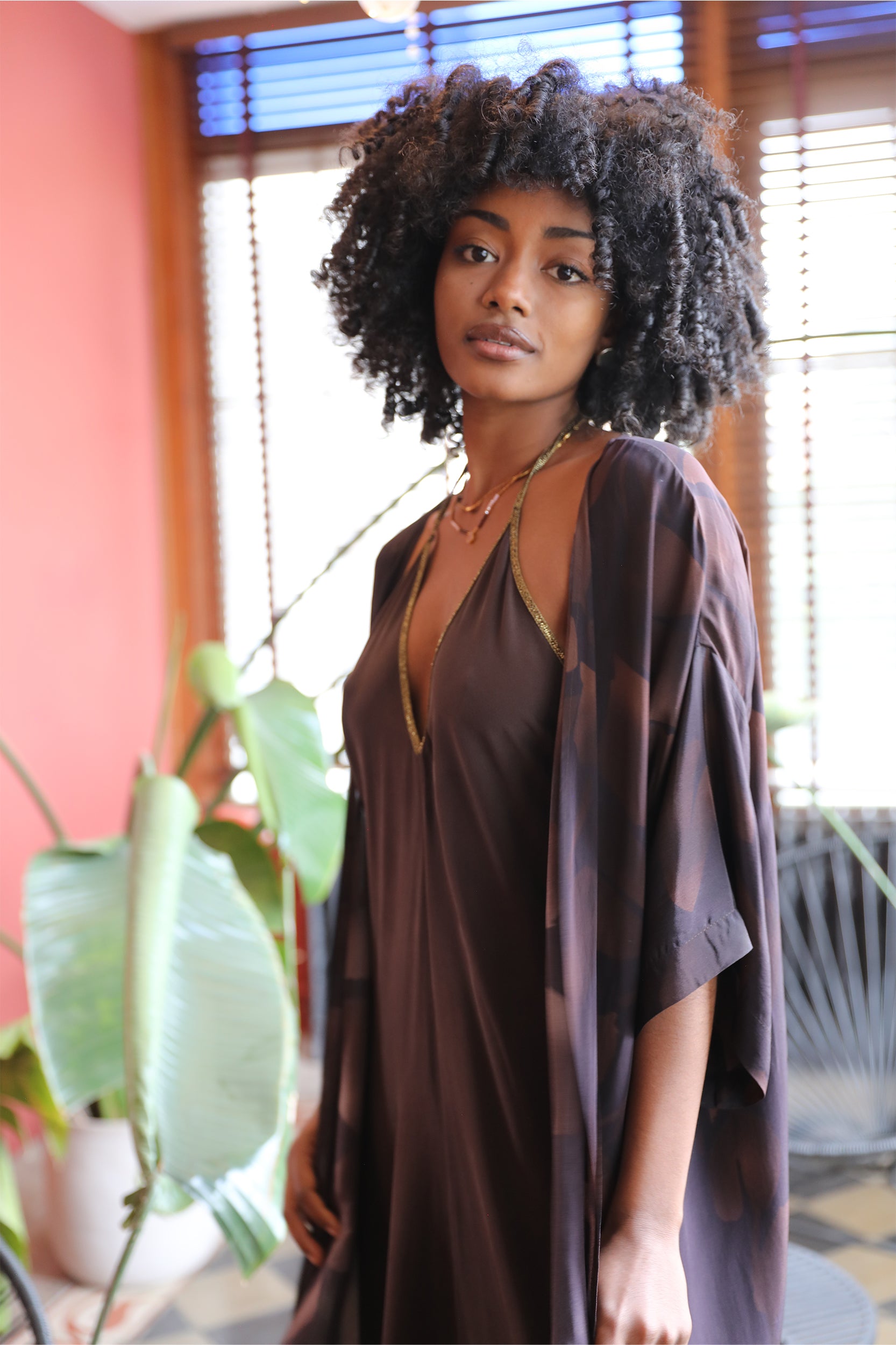 Rhodes Dress in Chocolate Foglia Print