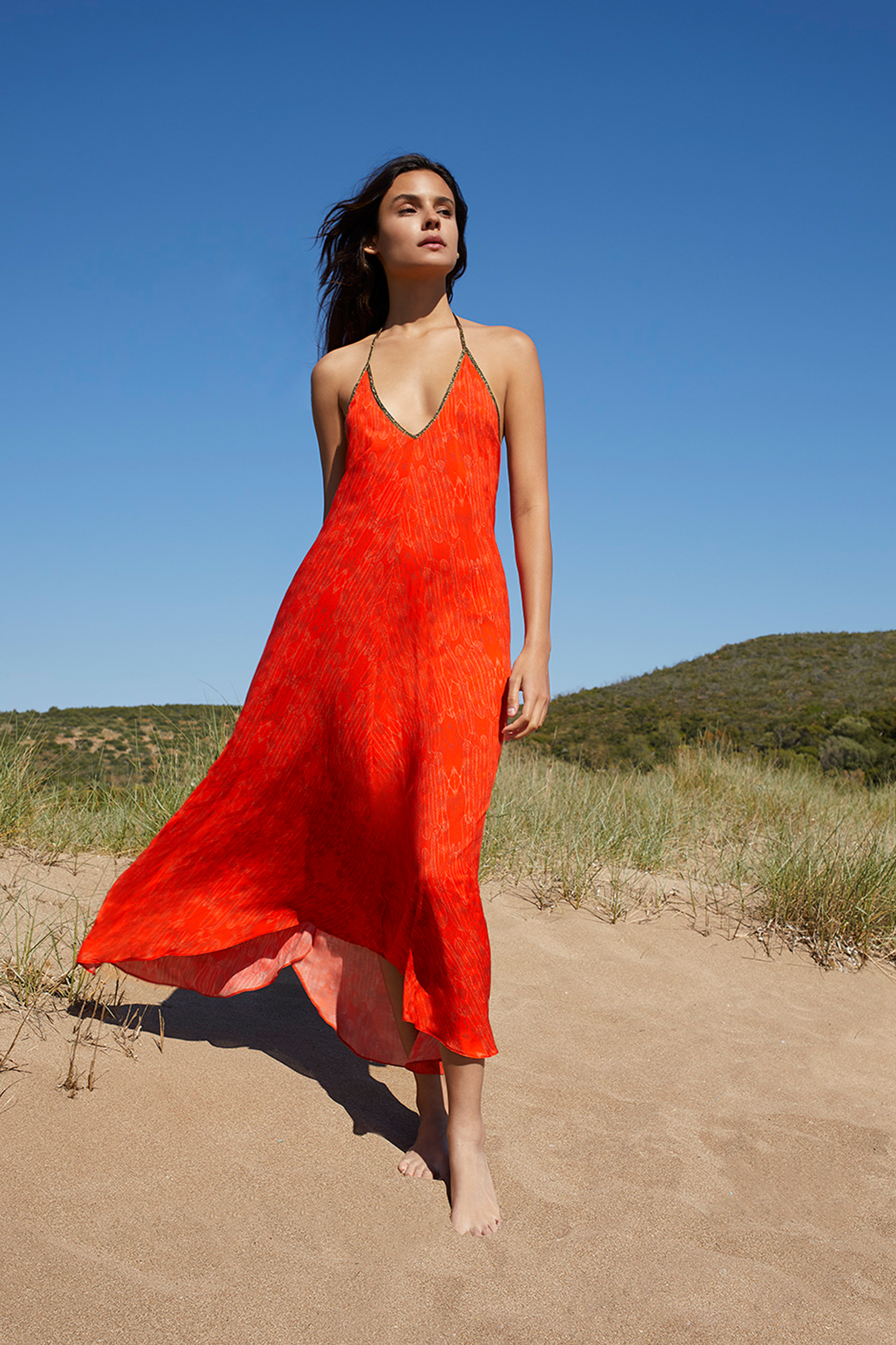 Rhodes Dress in Red Balinese Feather Print