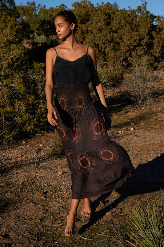 Gaia Skirt in African Peacock Print in Bitter Chocolate