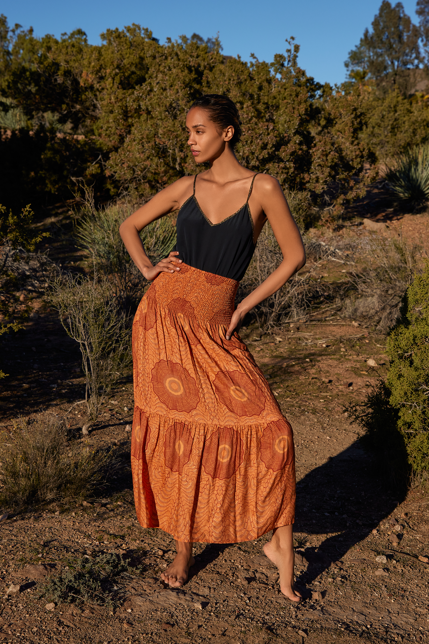 Gaia Skirt in African Peacock Print in Burnt Sienna